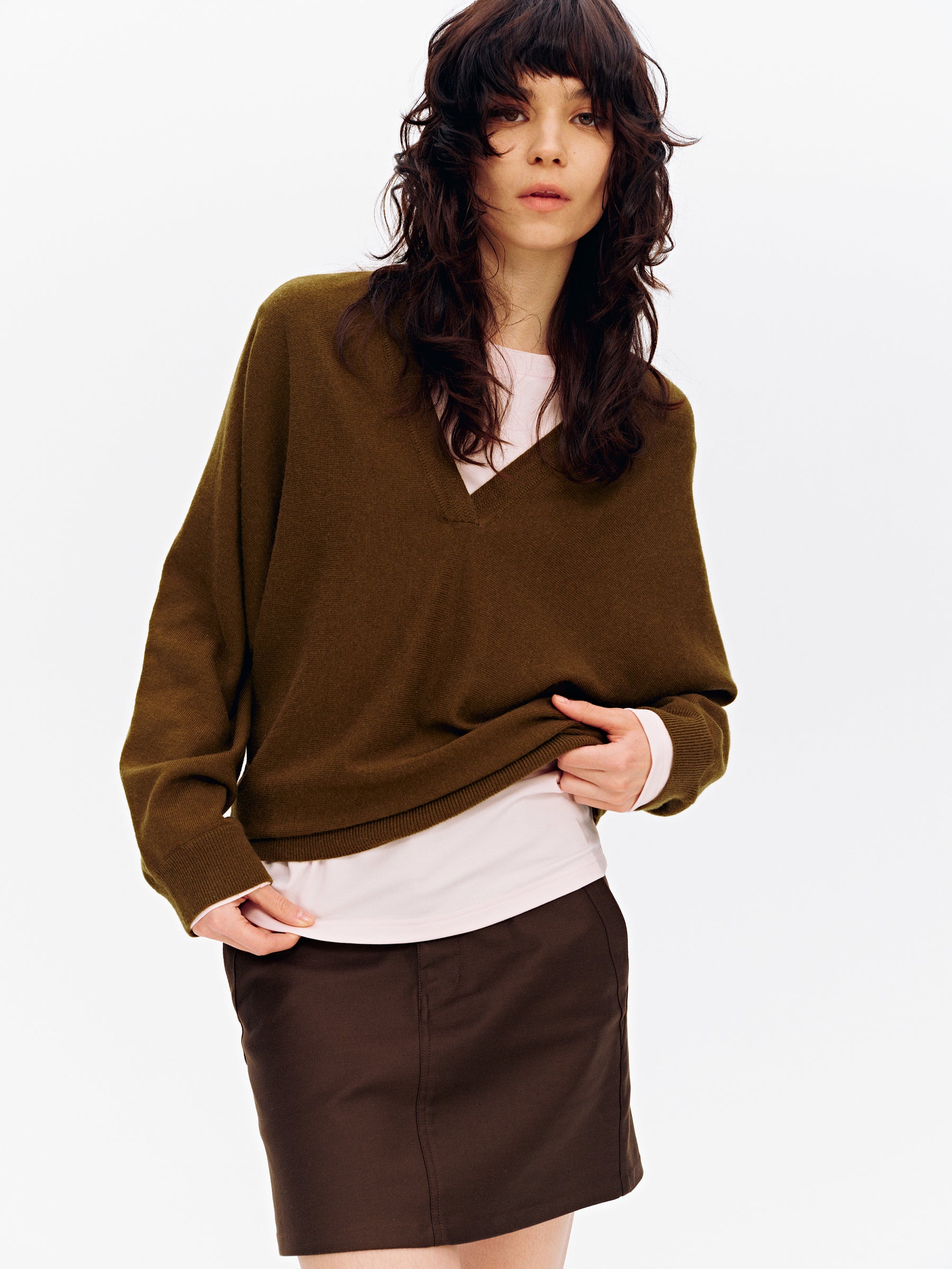 Wool Blend V-Neck Batwing Sleeve Pullover green