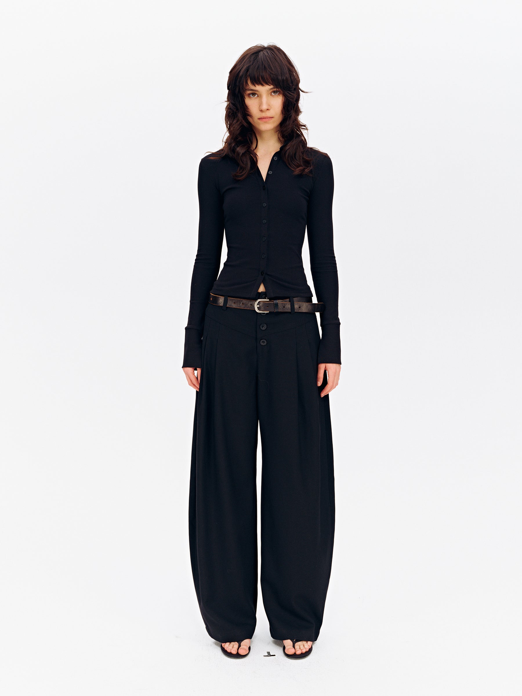 Mid-Rise Multi-Button Curved Hem Dress Pants Black