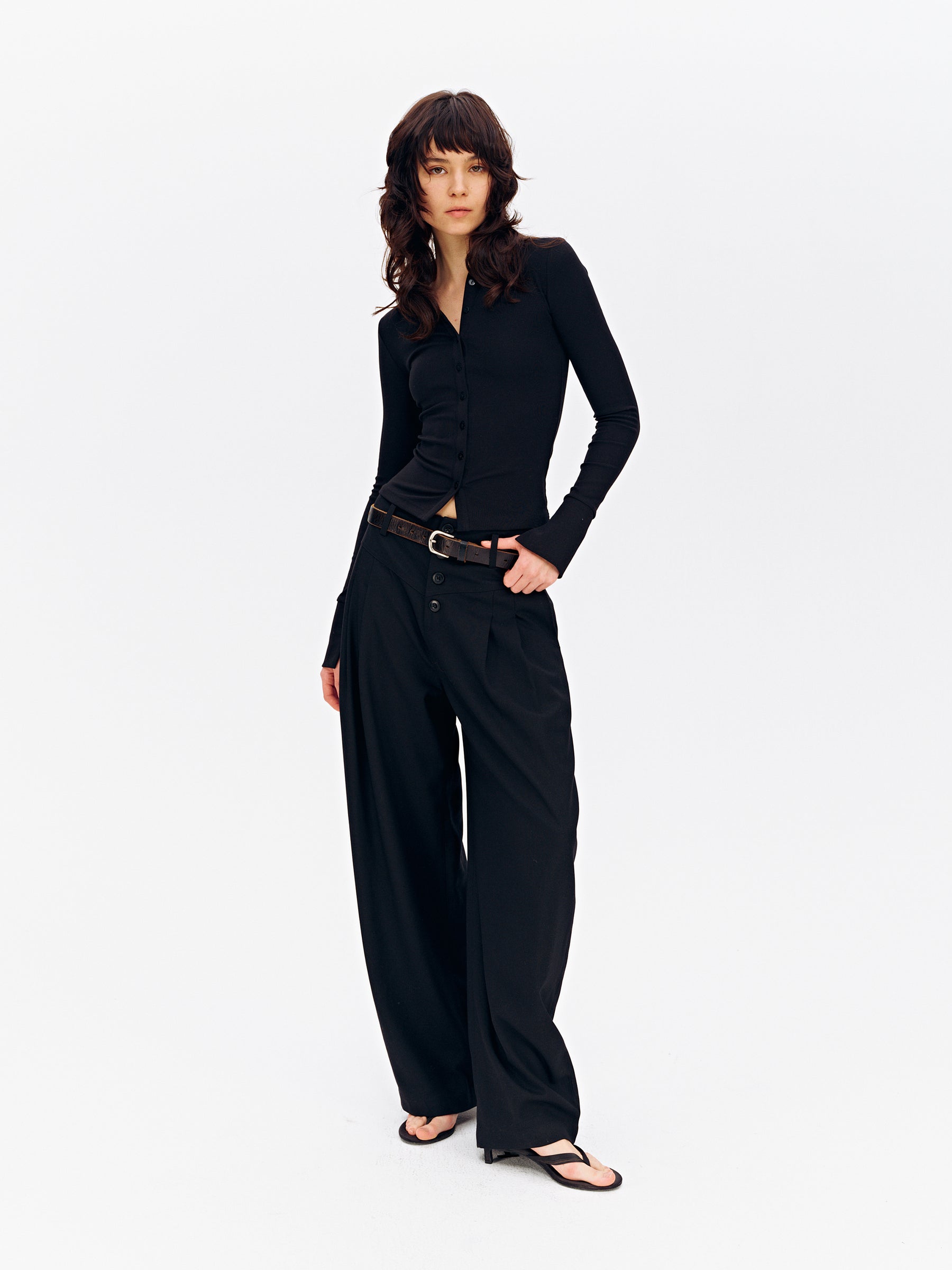 Mid-Rise Multi-Button Curved Hem Dress Pants Black
