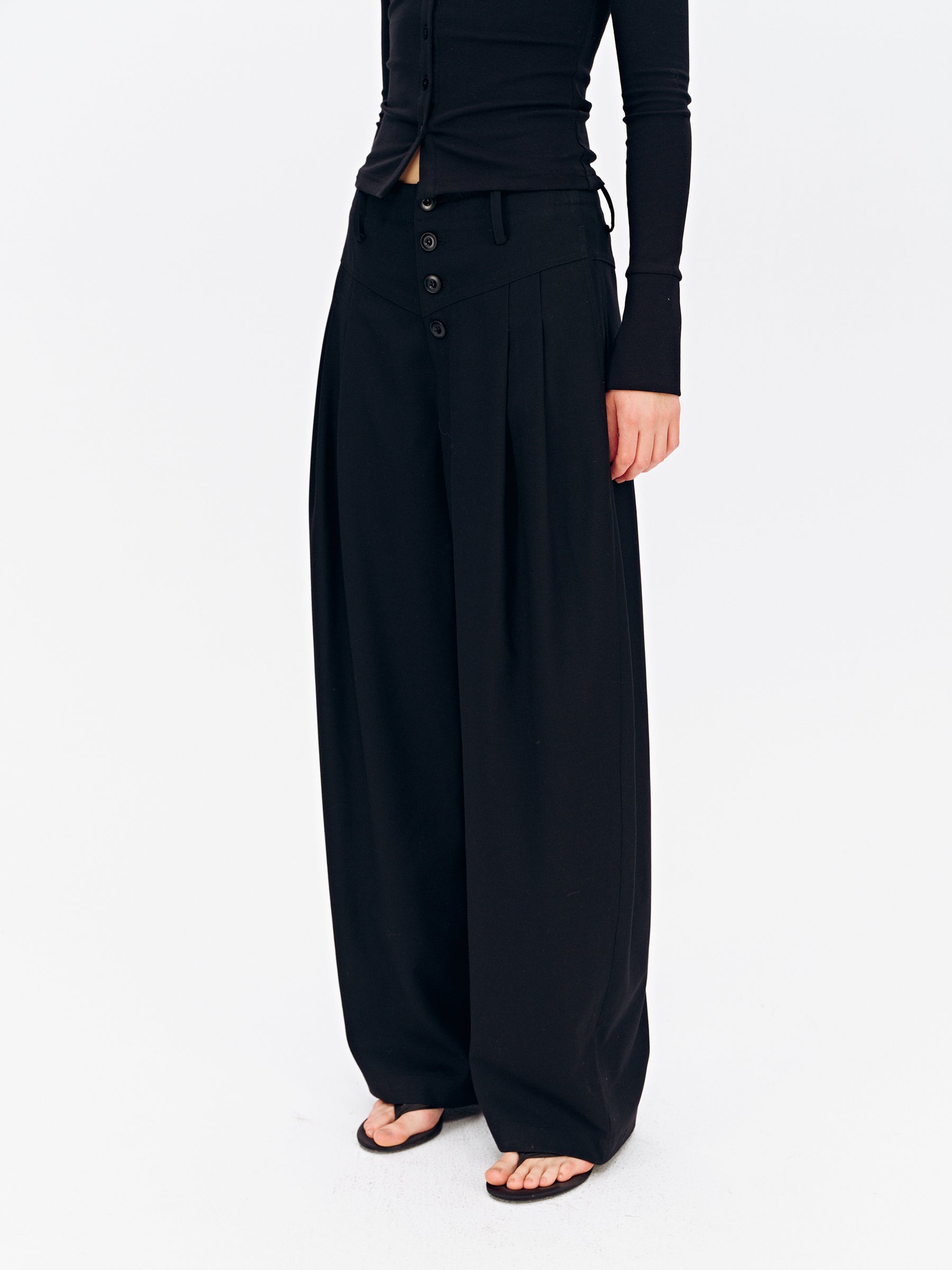 Mid-Rise Multi-Button Curved Hem Dress Pants Black