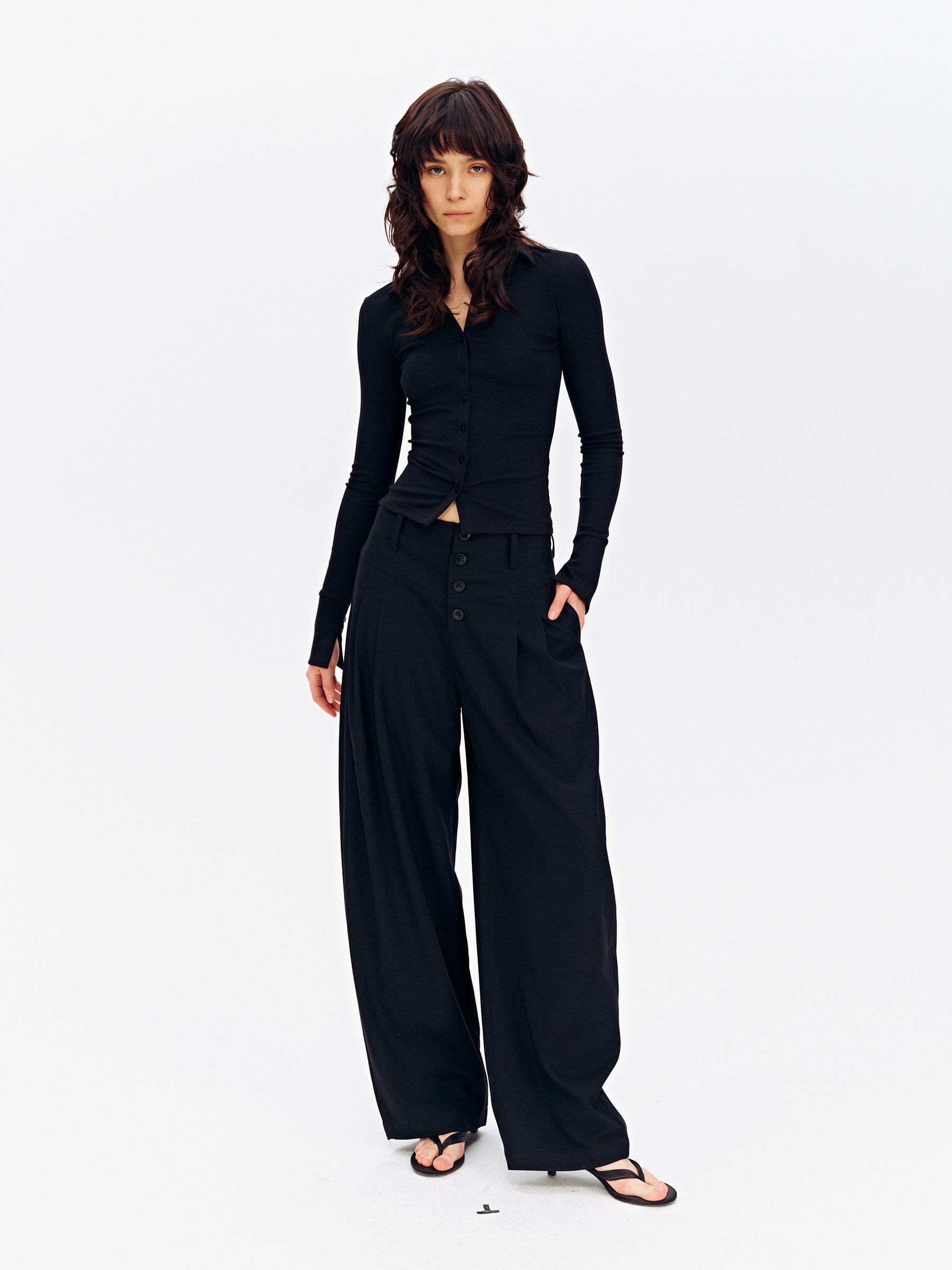 Mid-Rise Multi-Button Curved Hem Dress Pants Black