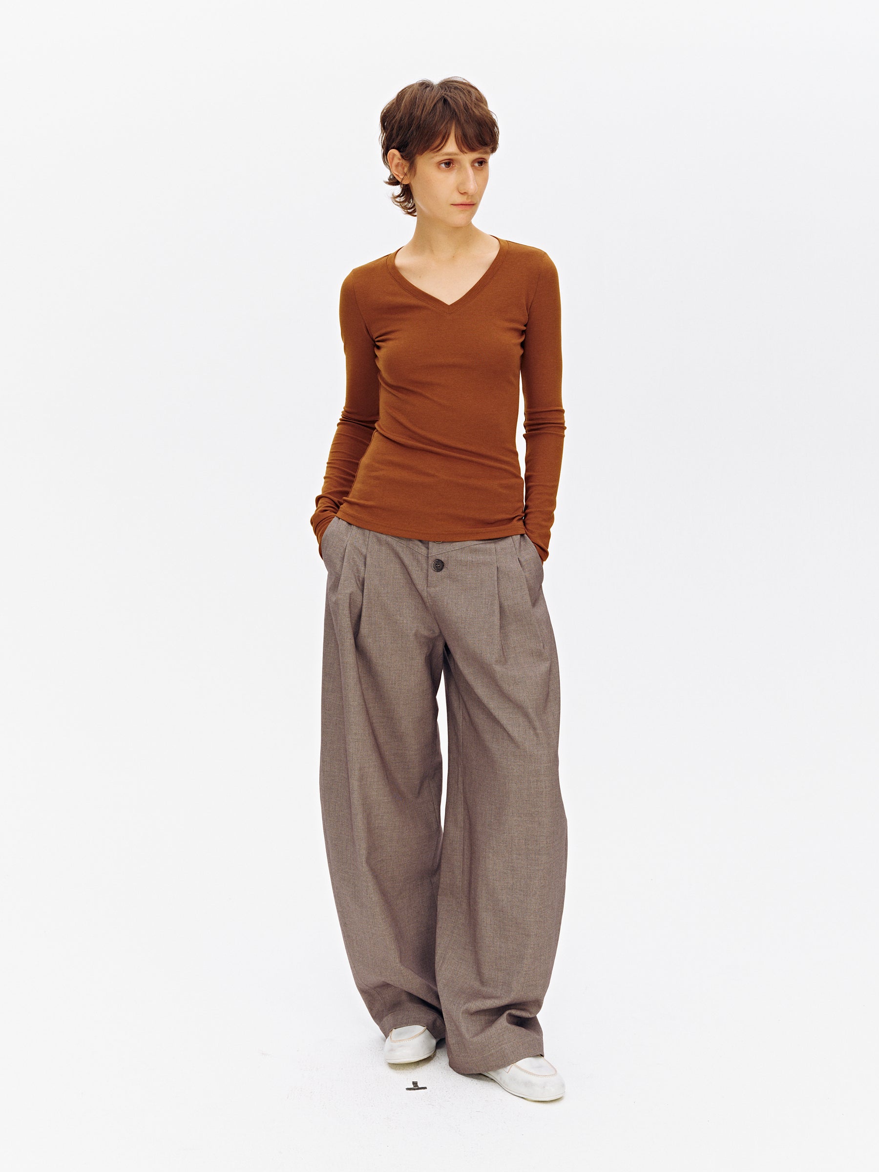 Mid-Rise Multi-Button Curved Hem Dress Pants Brown
