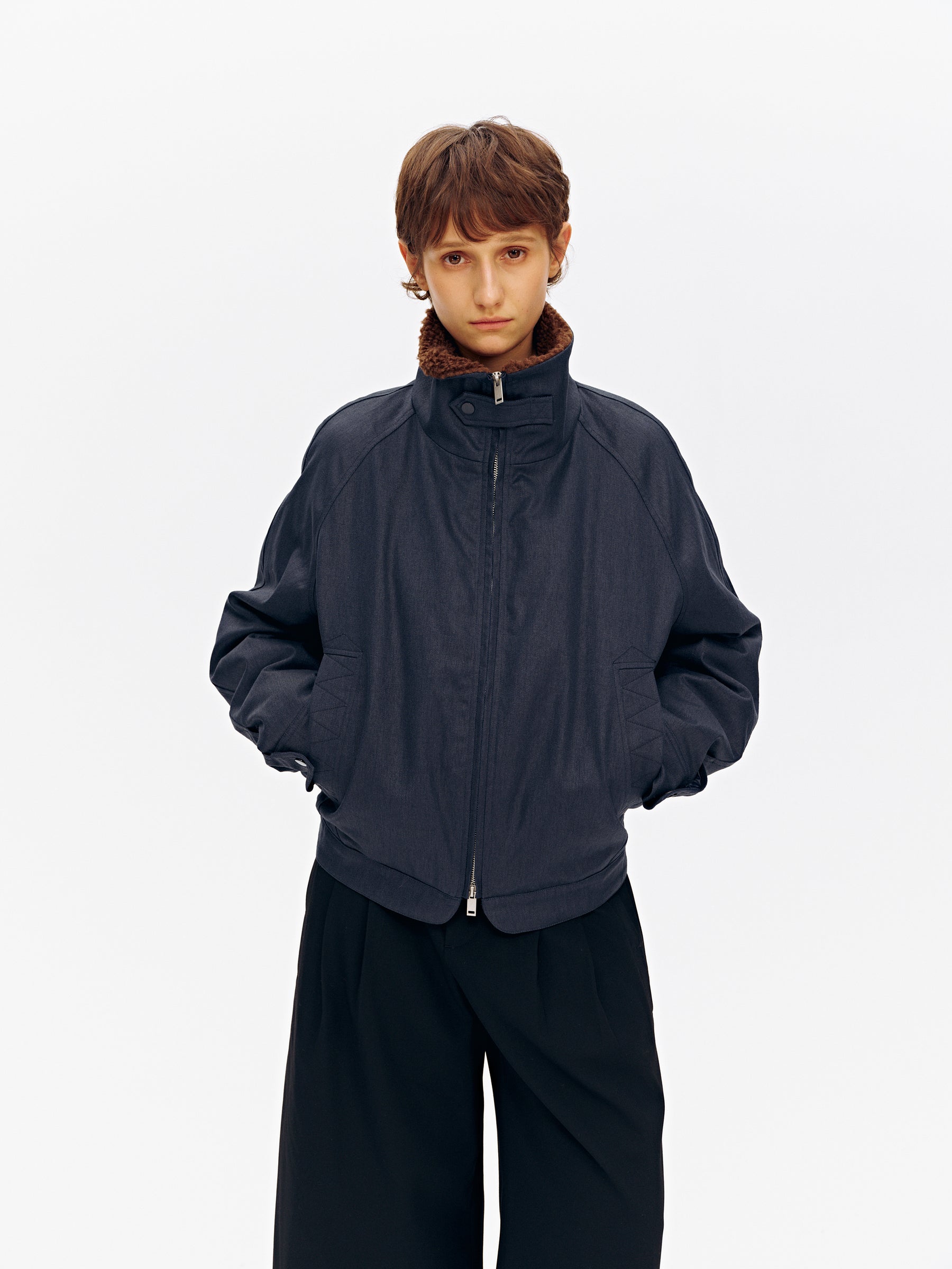 Stand Collar Patchwork Shearling Heavyweight Parka Puffer navy