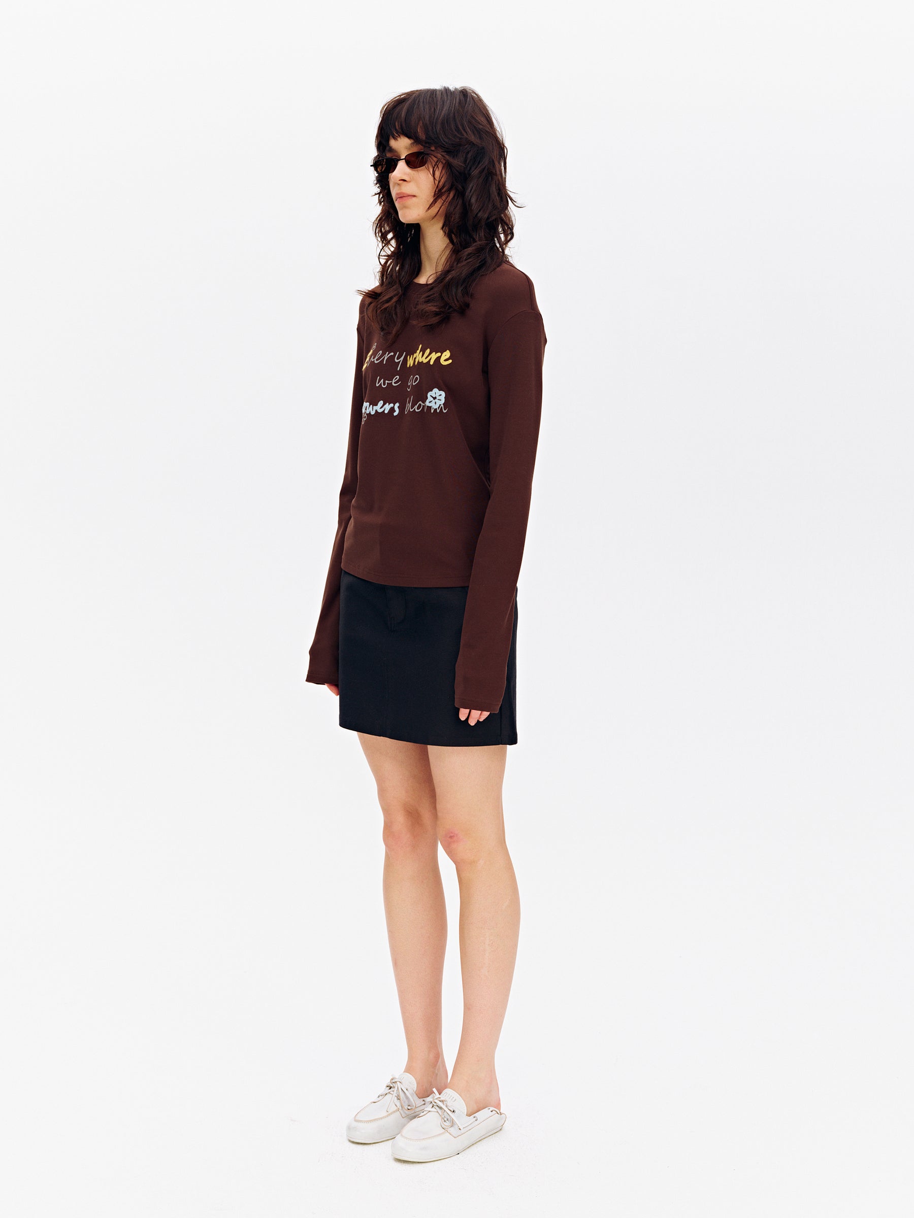Lyocell Floral Embroidery Crewneck Long-Sleeve Top Off-White