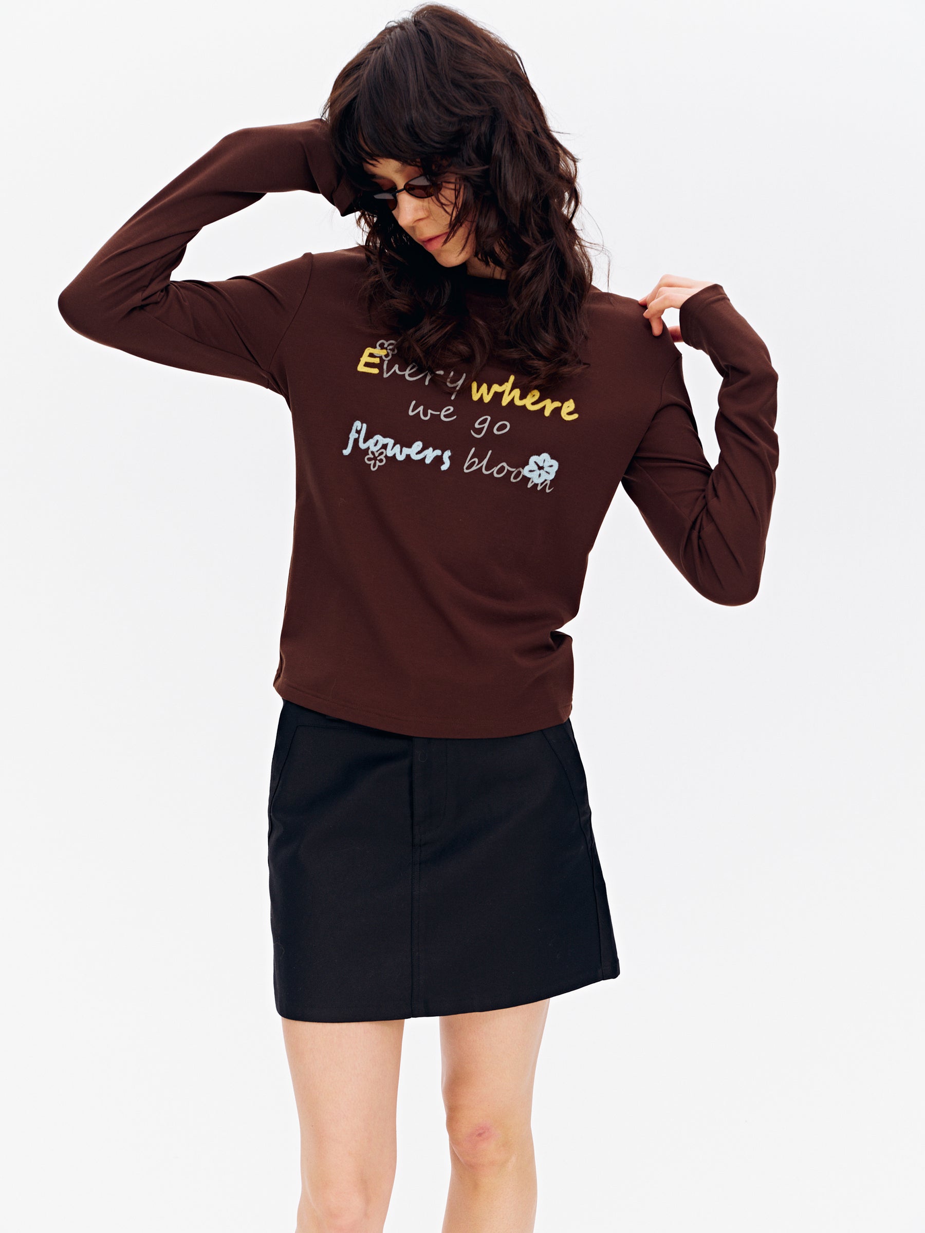 Lyocell Floral Embroidery Crewneck Long-Sleeve Top Off-White