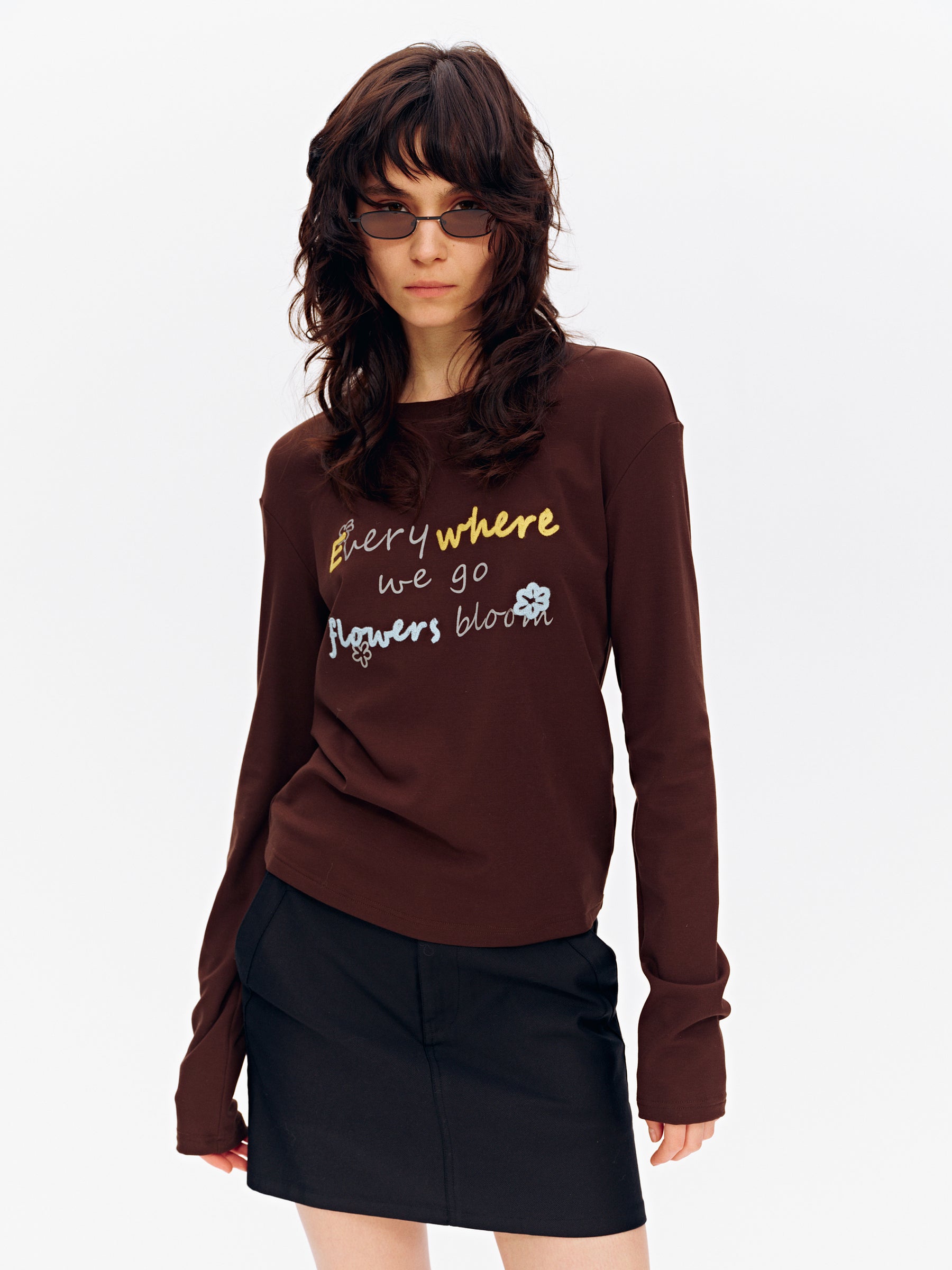 Lyocell Floral Embroidery Crewneck Long-Sleeve Top Off-White