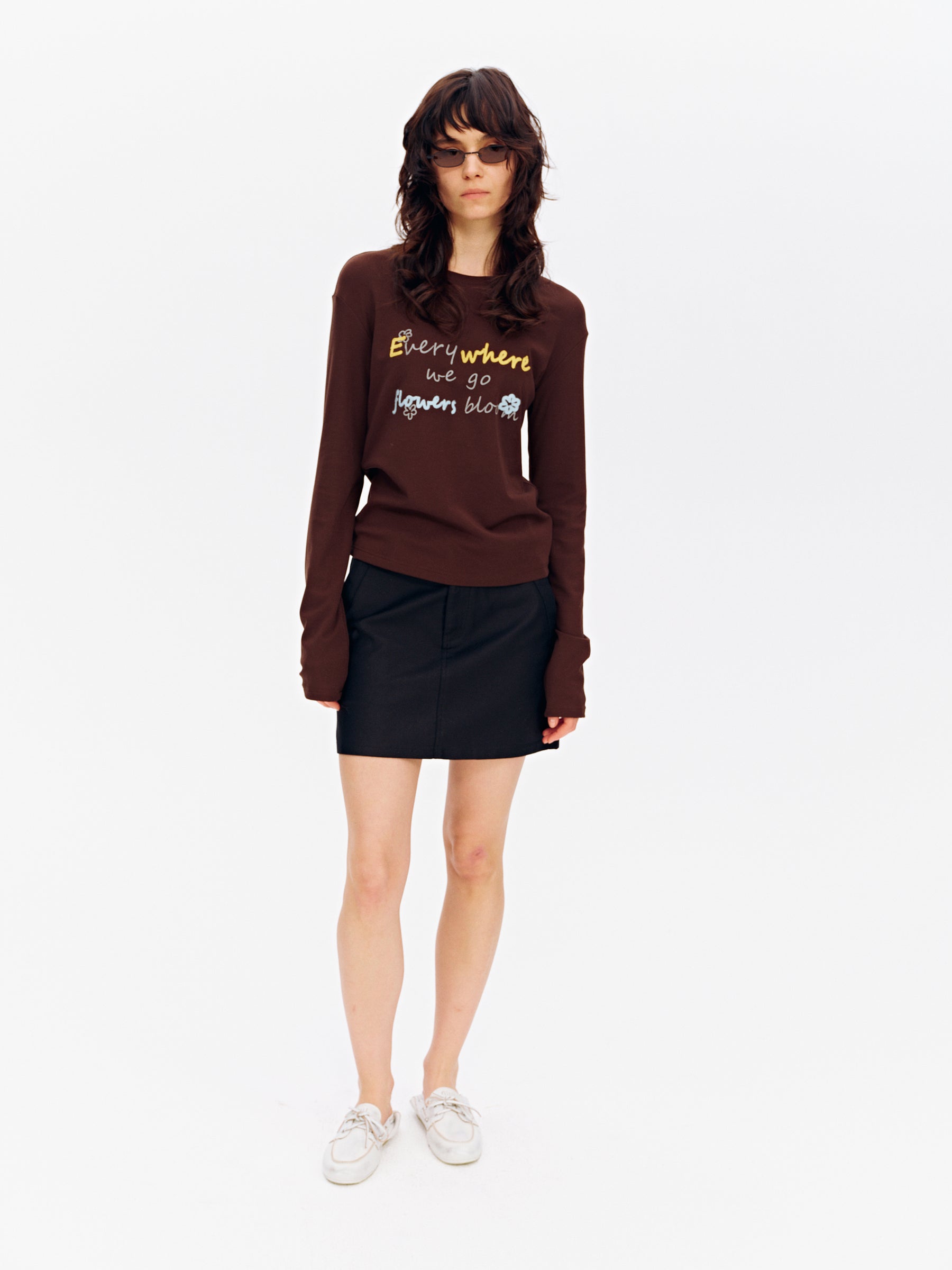 Lyocell Floral Embroidery Crewneck Long-Sleeve Top Off-White