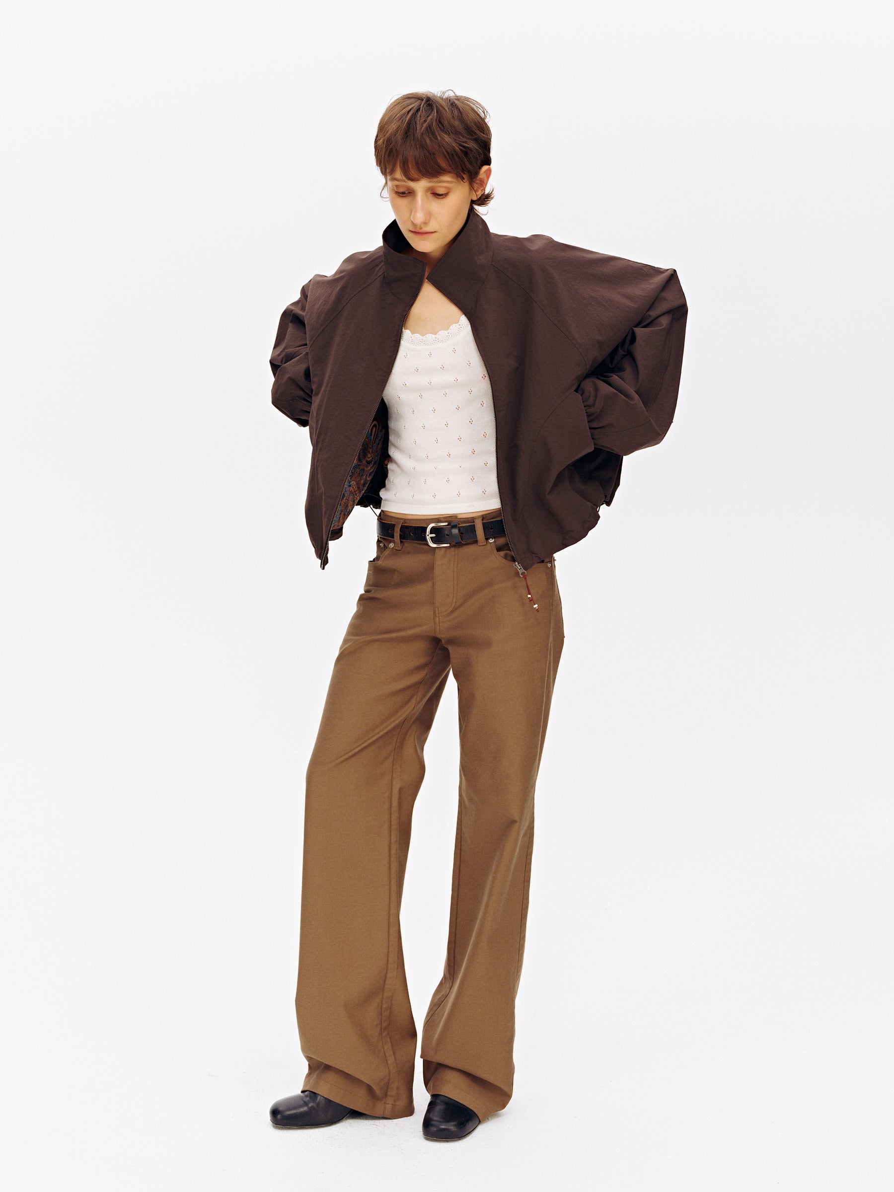 Stand Collar Batwing Sleeve Oversized Jacket Dark Brown