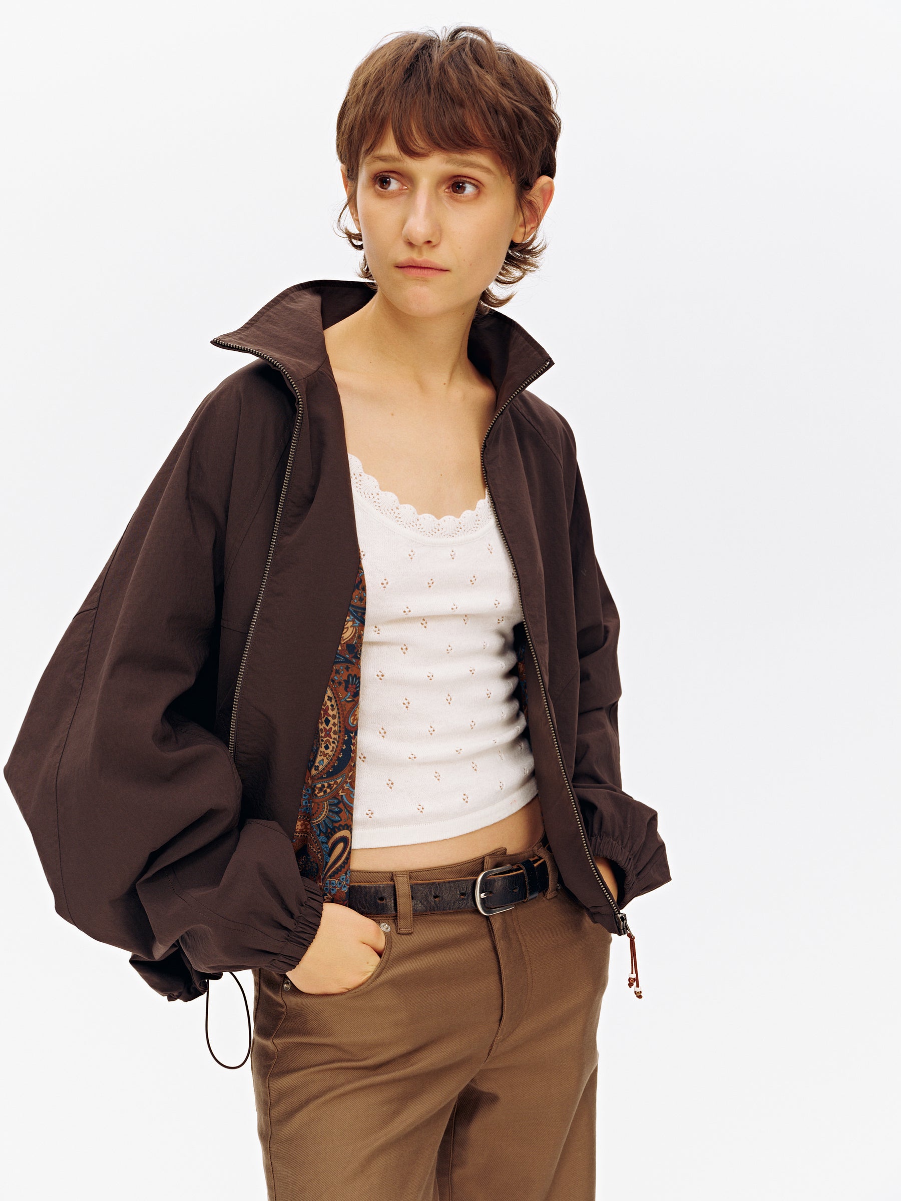 Stand Collar Batwing Sleeve Oversized Jacket Dark Brown