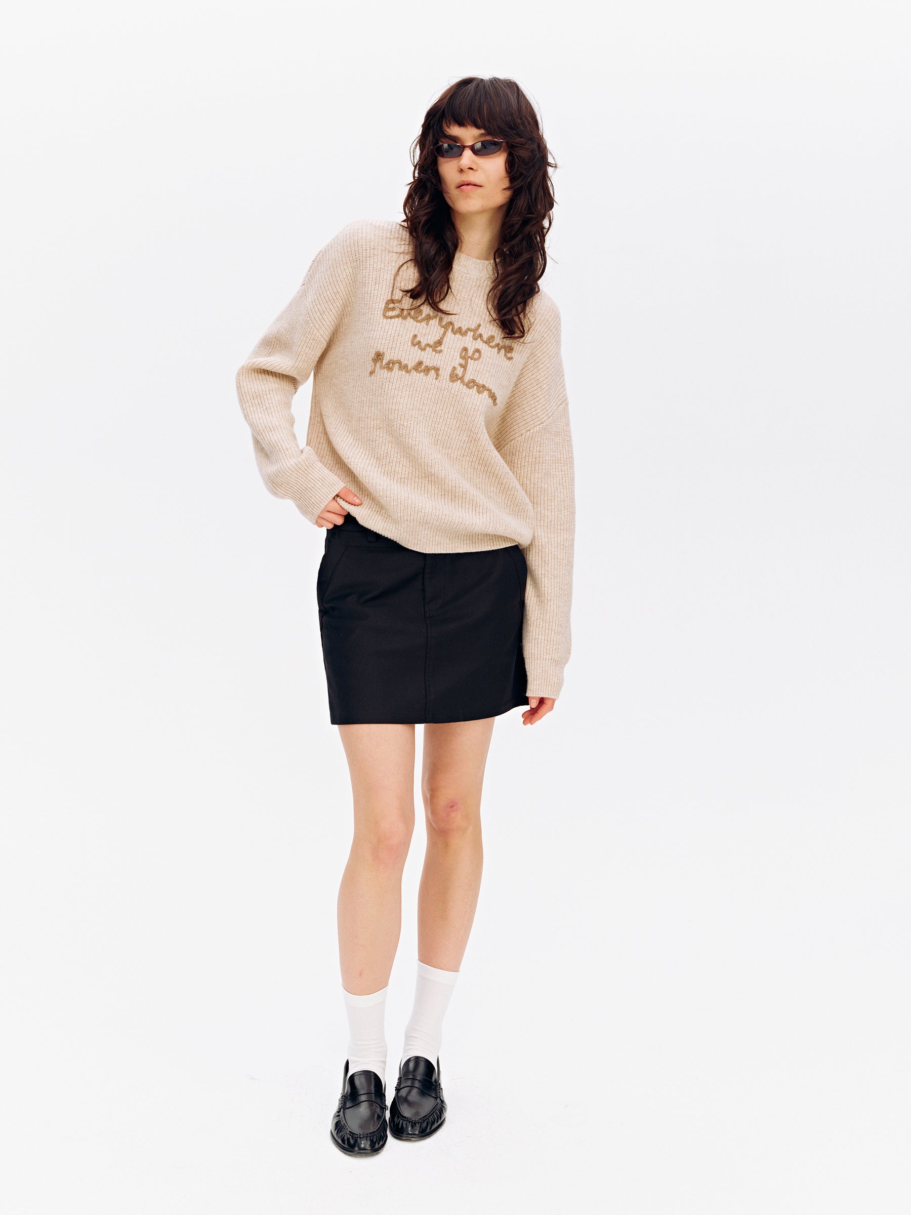 Wool Blend Embroidered Crewneck Chunky Knit Pullover light apricot