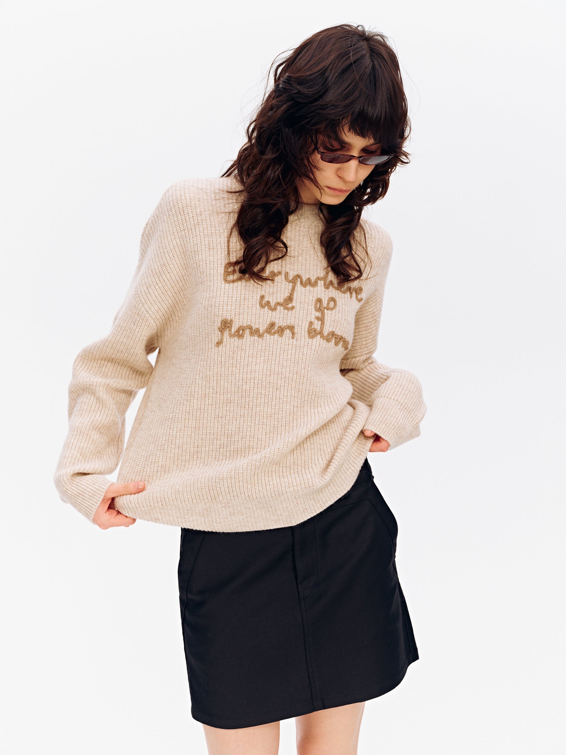 Wool Blend Embroidered Crewneck Chunky Knit Pullover light apricot