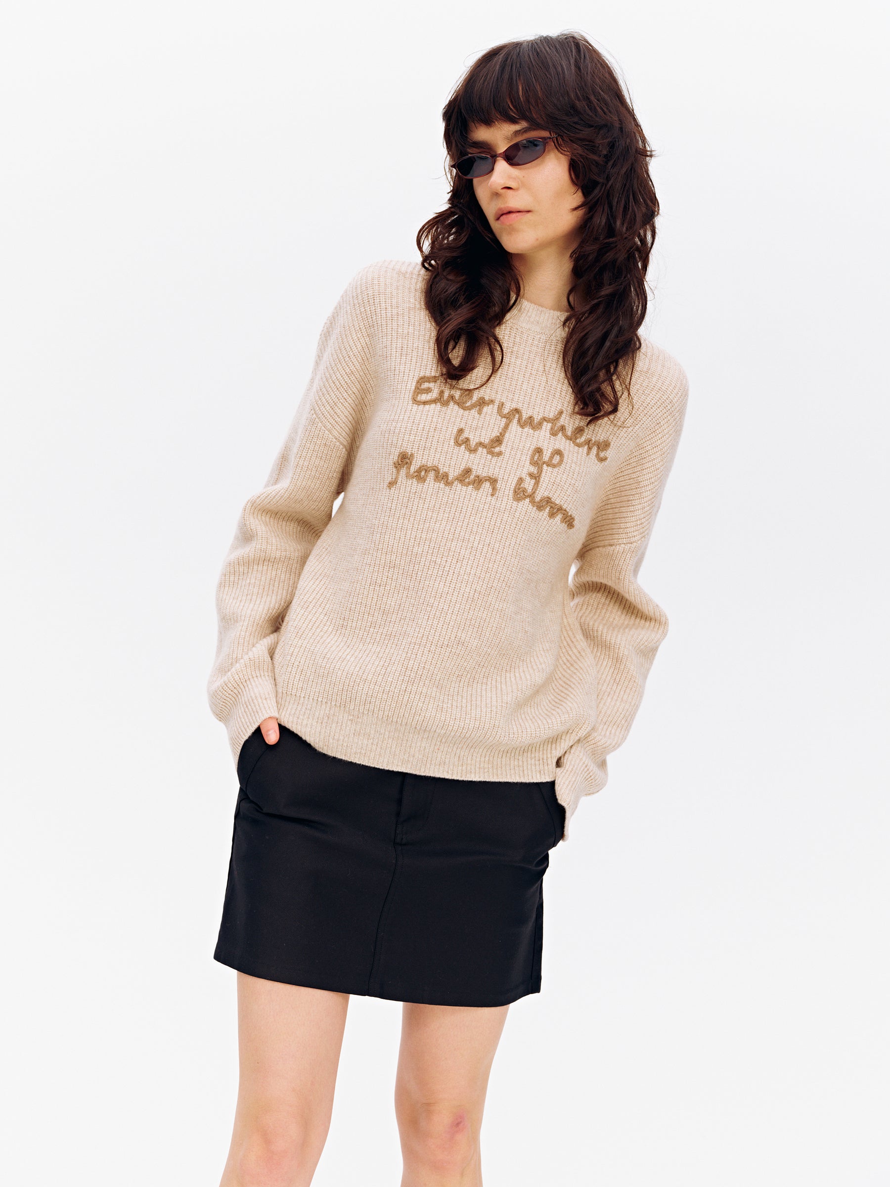 Wool Blend Embroidered Crewneck Chunky Knit Pullover light apricot