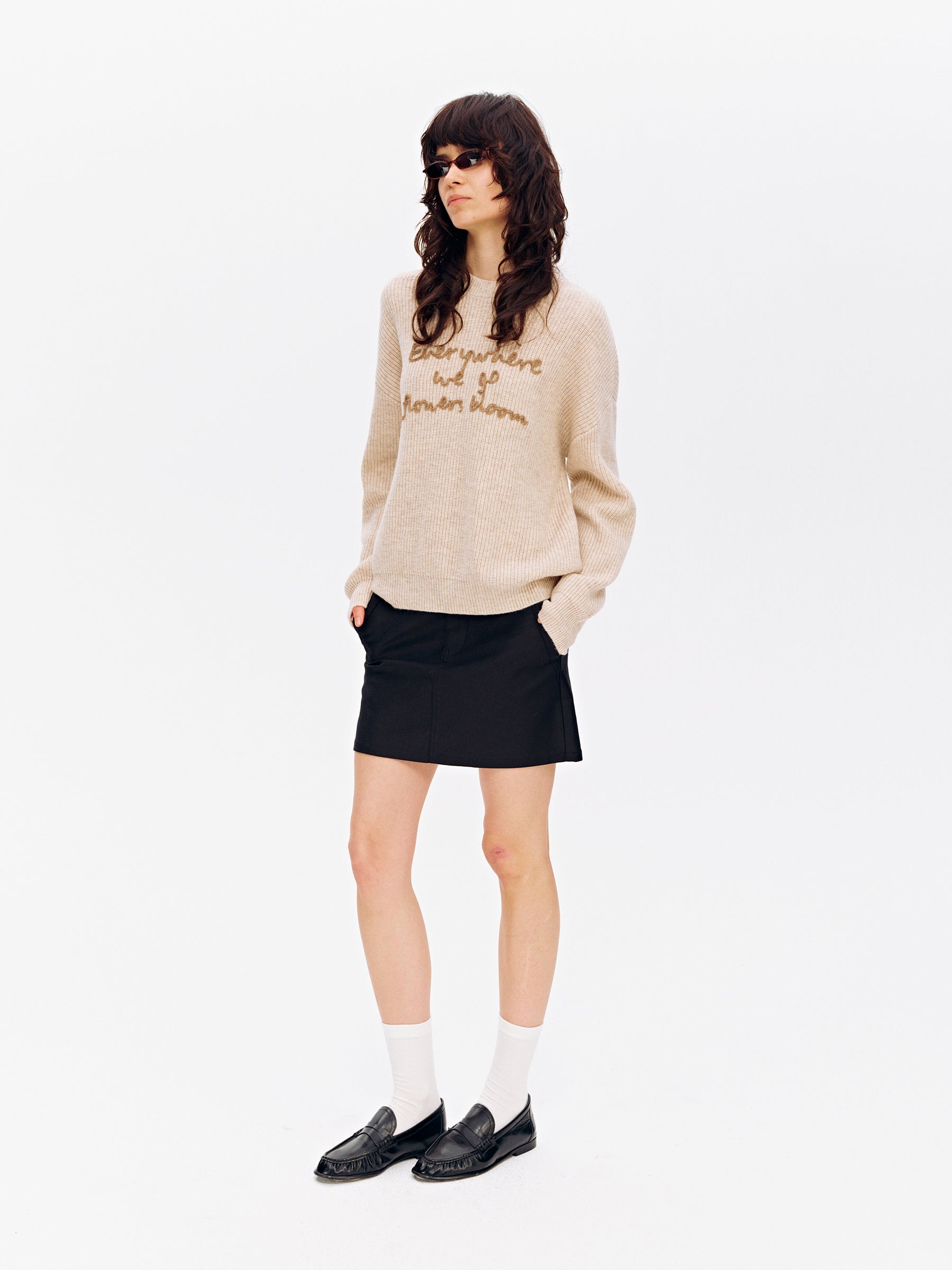 Wool Blend Embroidered Crewneck Chunky Knit Pullover light apricot