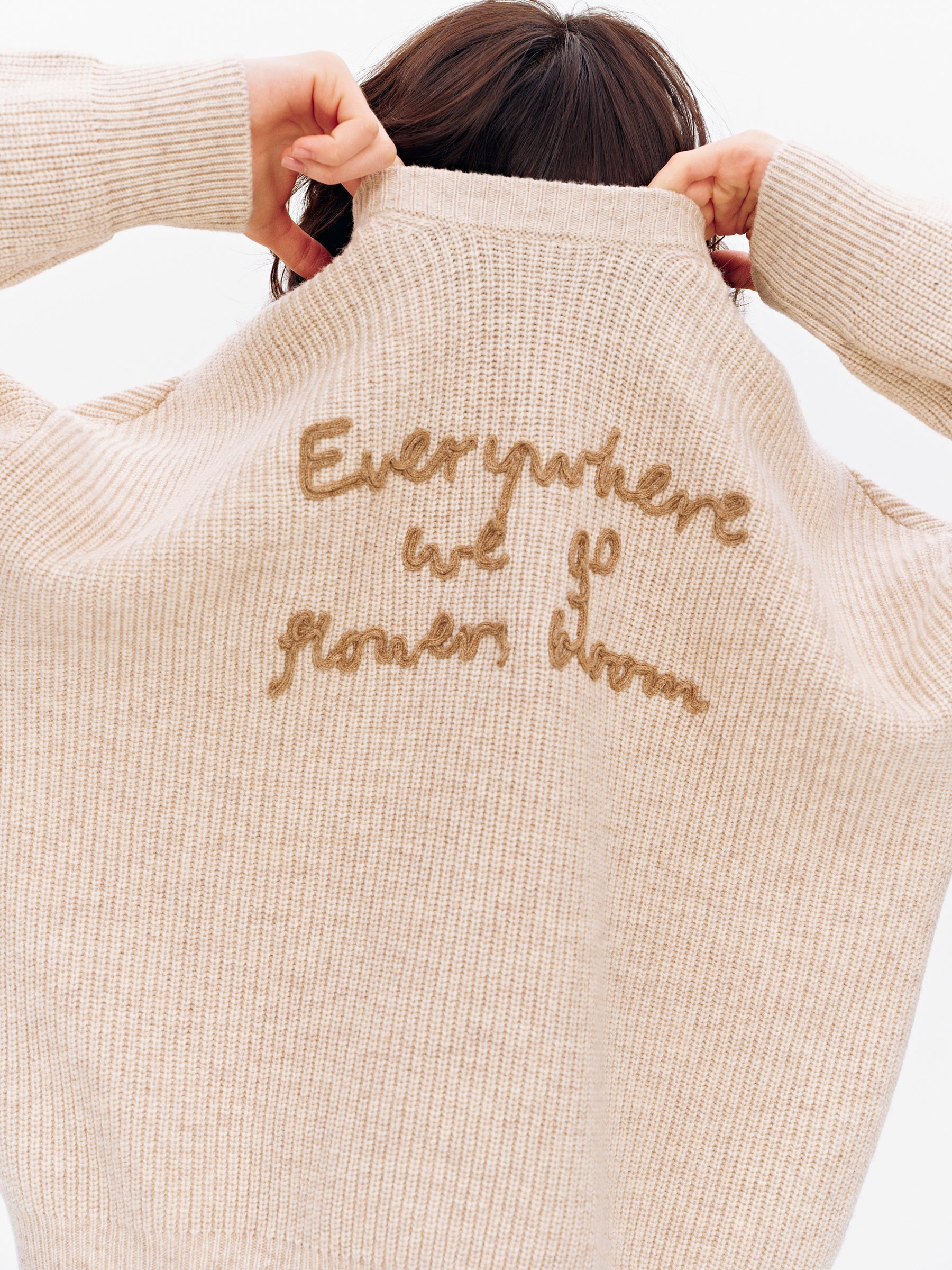 Wool Blend Embroidered Crewneck Chunky Knit Pullover light apricot