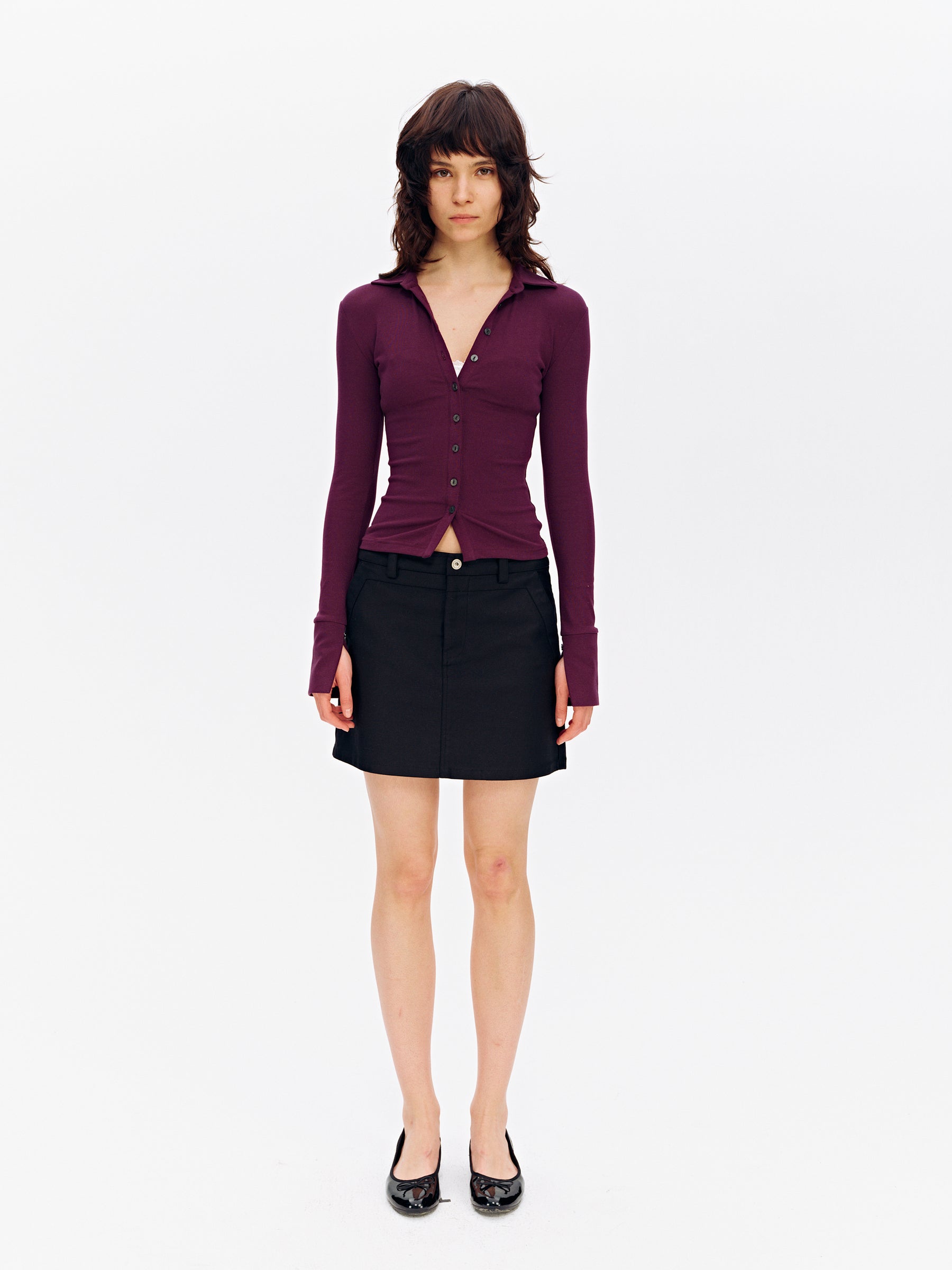 Notched Collar Slim-Fit Button-Front Cotton Knit Cardigan Eggplant