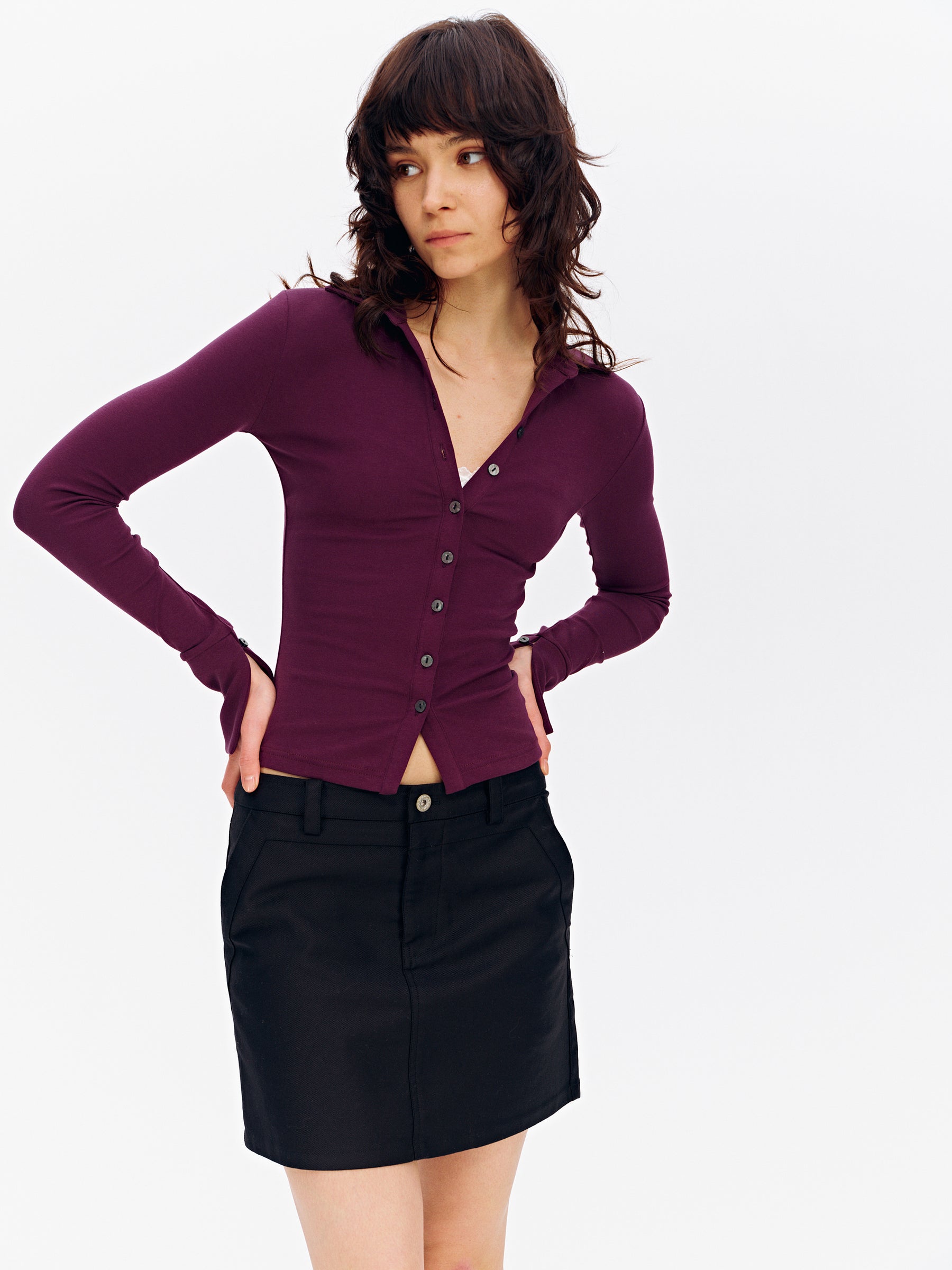 Notched Collar Slim-Fit Button-Front Cotton Knit Cardigan Eggplant
