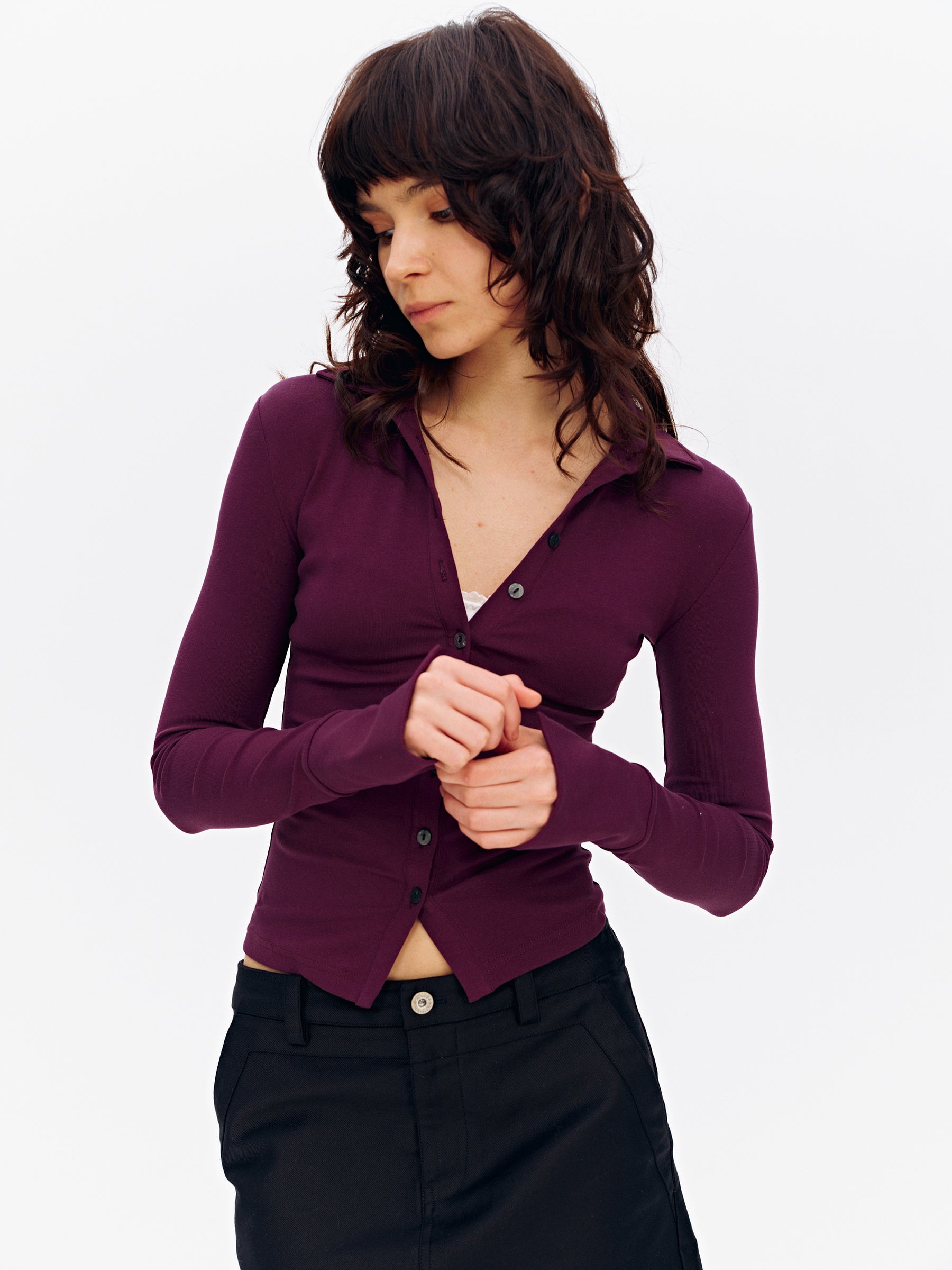 Notched Collar Slim-Fit Button-Front Cotton Knit Cardigan Eggplant