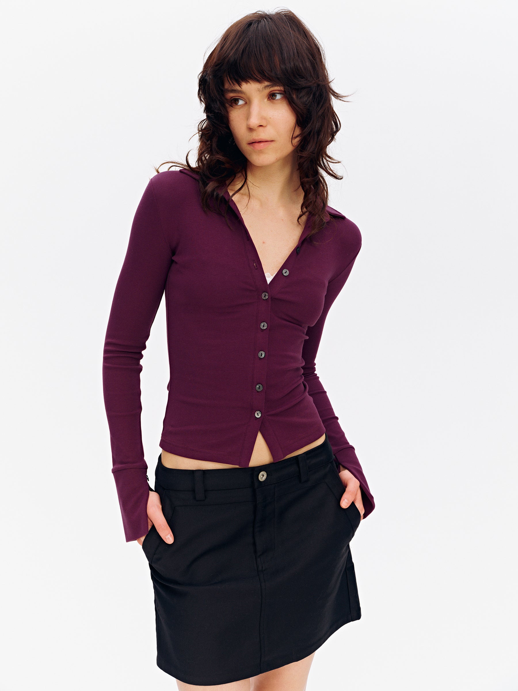 Notched Collar Slim-Fit Button-Front Cotton Knit Cardigan Eggplant
