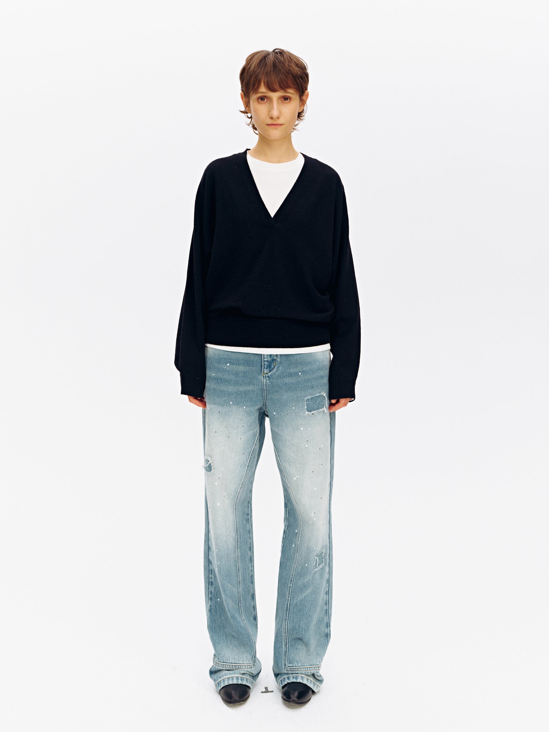 Low-Rise Splatter Paint Patch Washed Straight-Leg Jeans Washed Blue