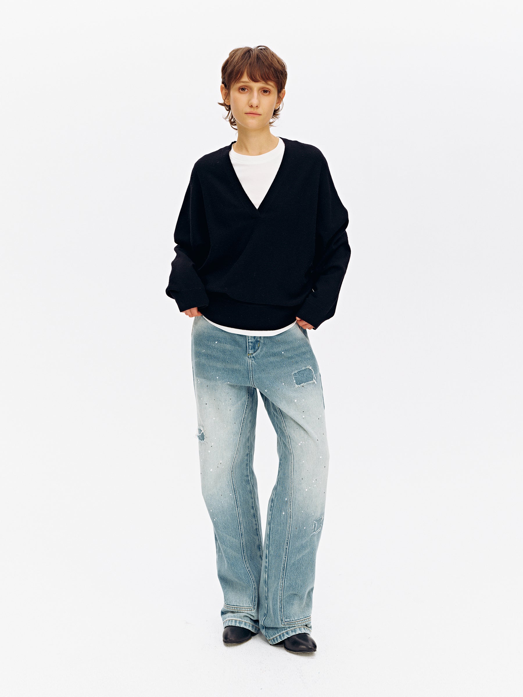 Wool Blend V-Neck Batwing Sleeve Pullover black