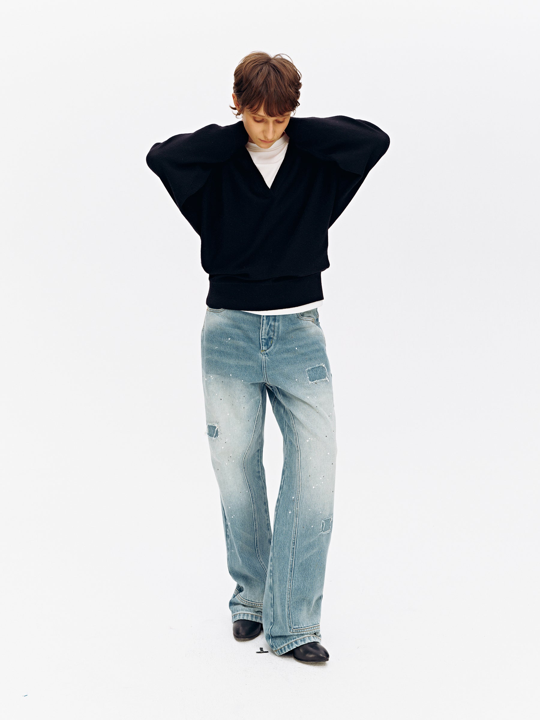 Wool Blend V-Neck Batwing Sleeve Pullover black