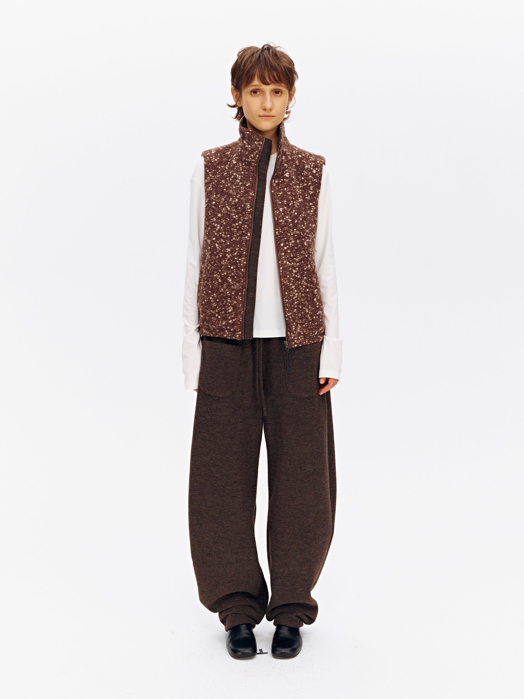 Wool Blend Snowflake Texture Stand Collar Tweed Vest brown
