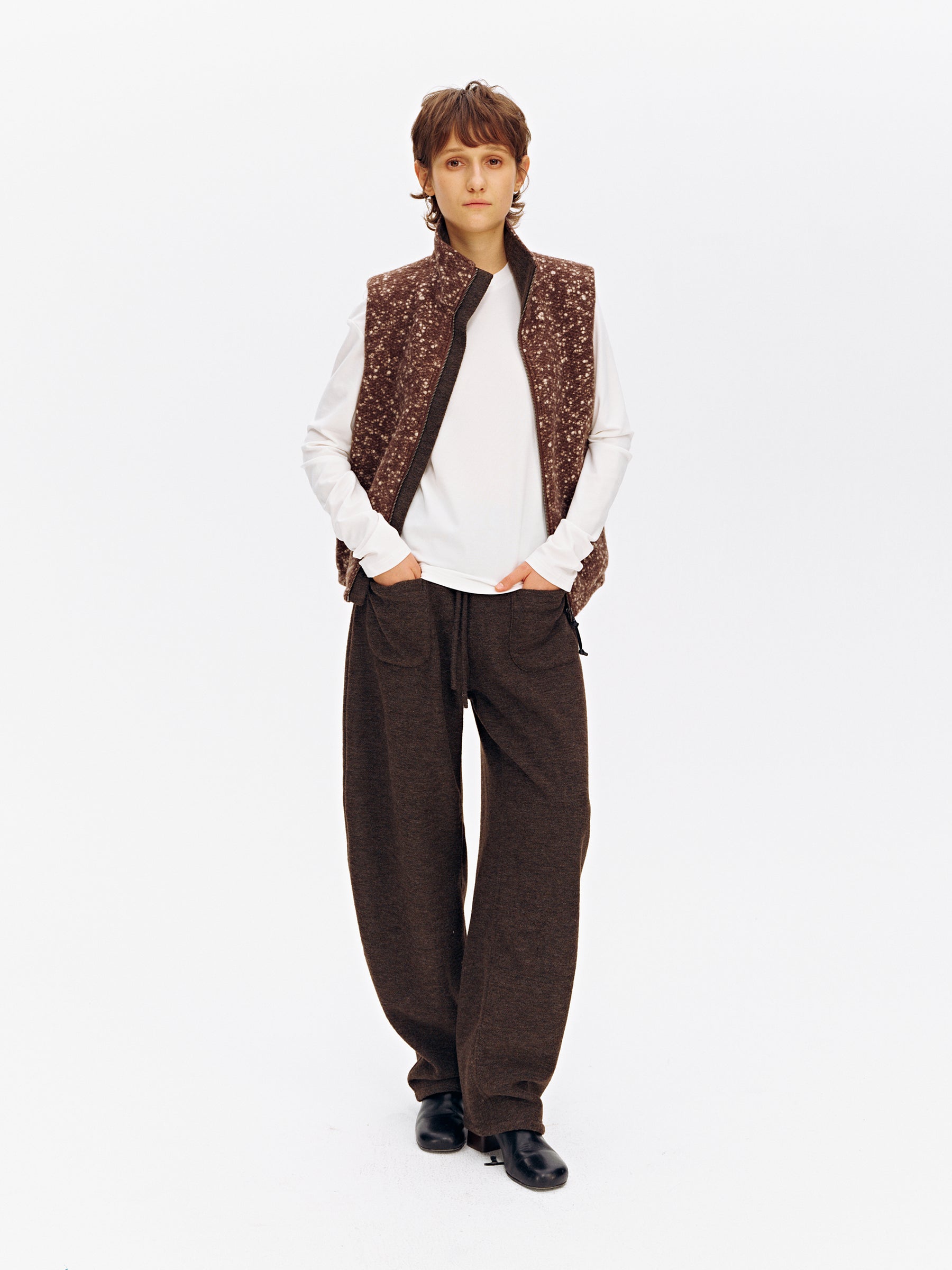 Wool Blend Snowflake Texture Stand Collar Tweed Vest brown
