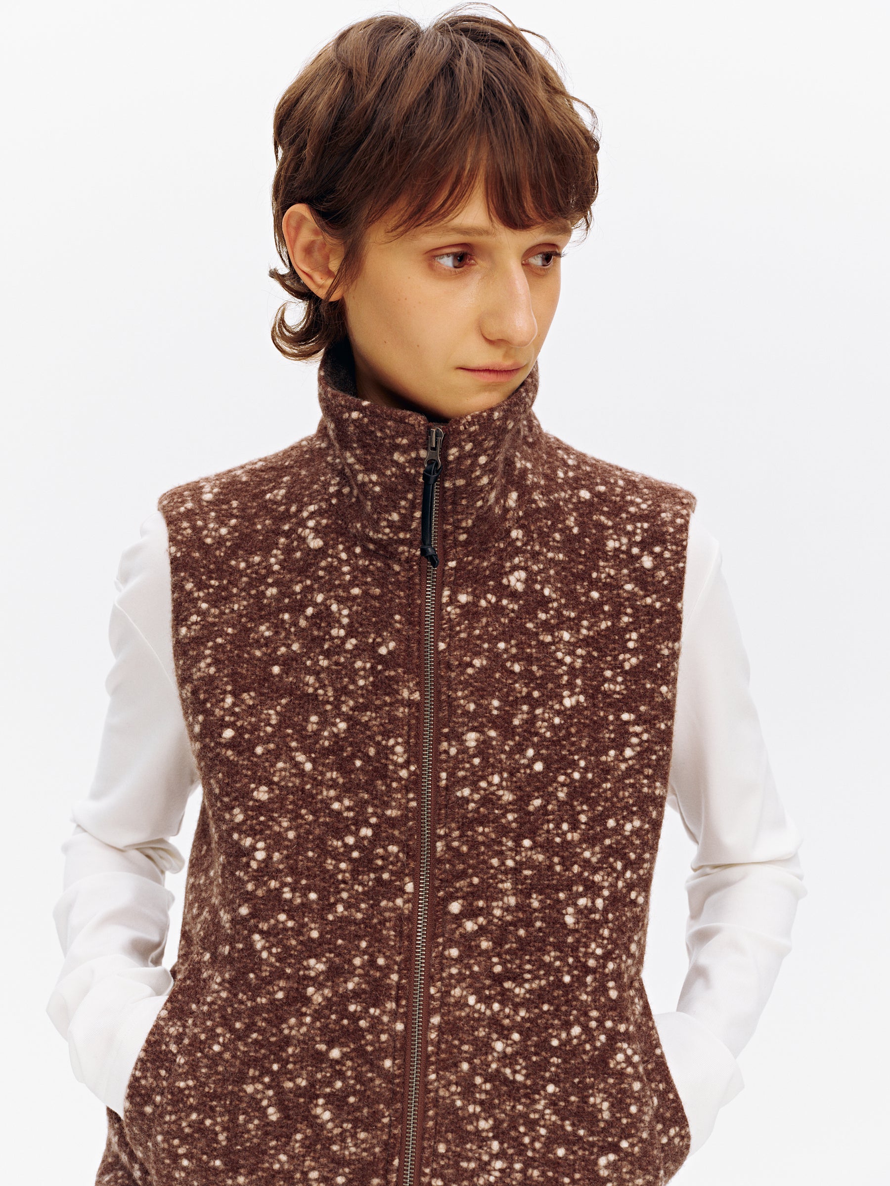 Wool Blend Snowflake Texture Stand Collar Tweed Vest brown