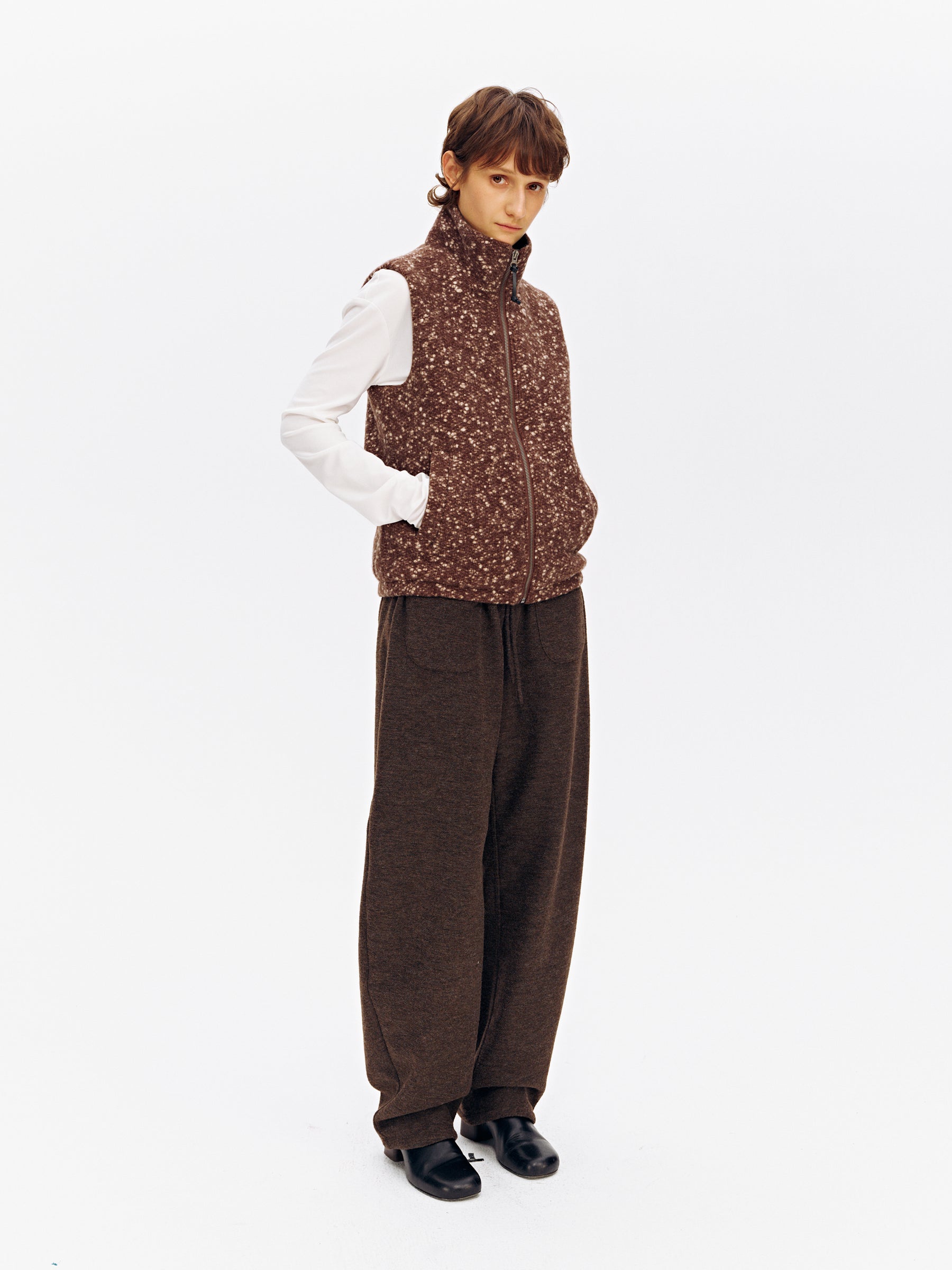 Wool Blend Snowflake Texture Stand Collar Tweed Vest brown