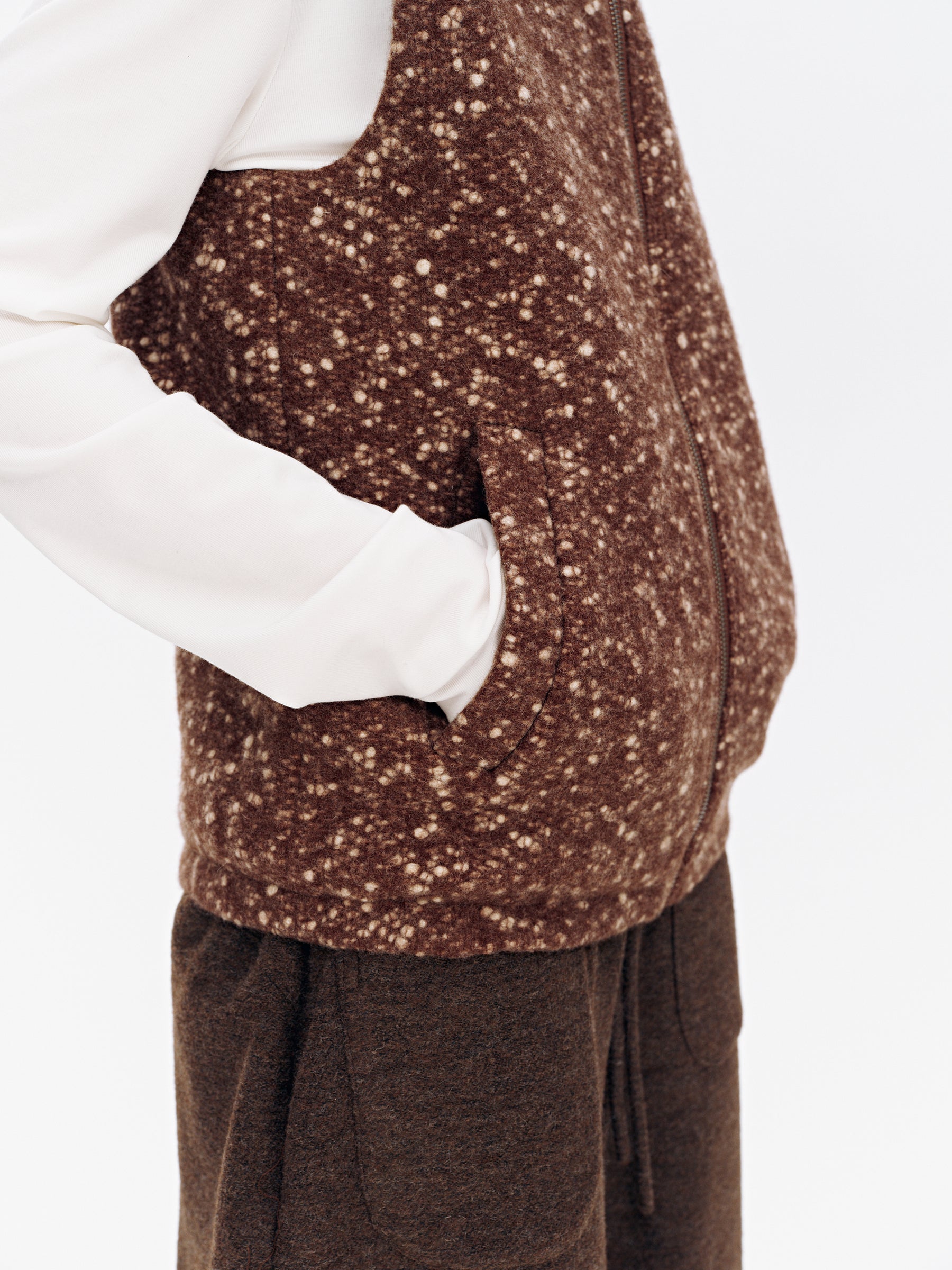 Wool Blend Snowflake Texture Stand Collar Tweed Vest brown