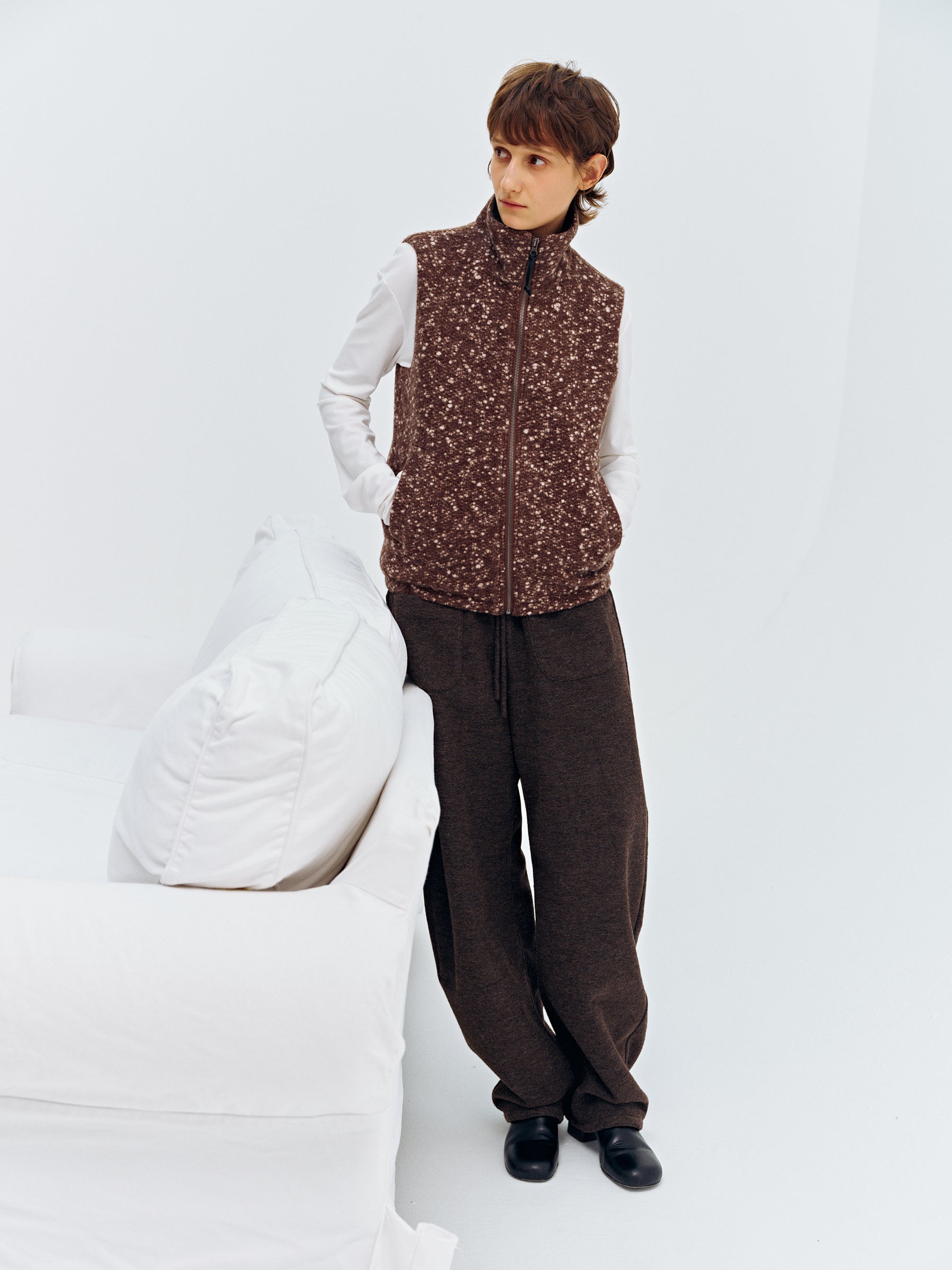 Wool Blend Snowflake Texture Stand Collar Tweed Vest brown