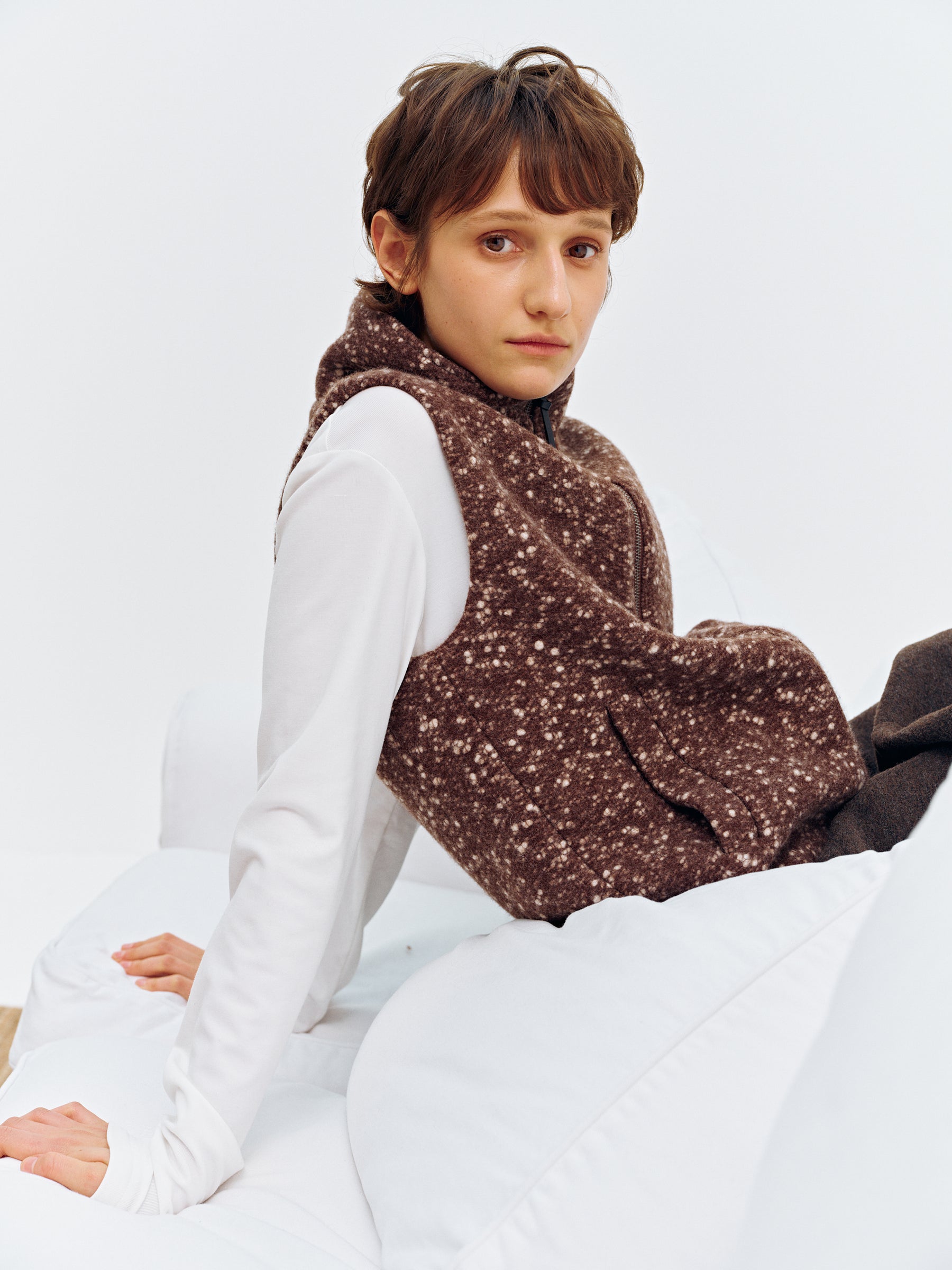Wool Blend Snowflake Texture Stand Collar Tweed Vest brown