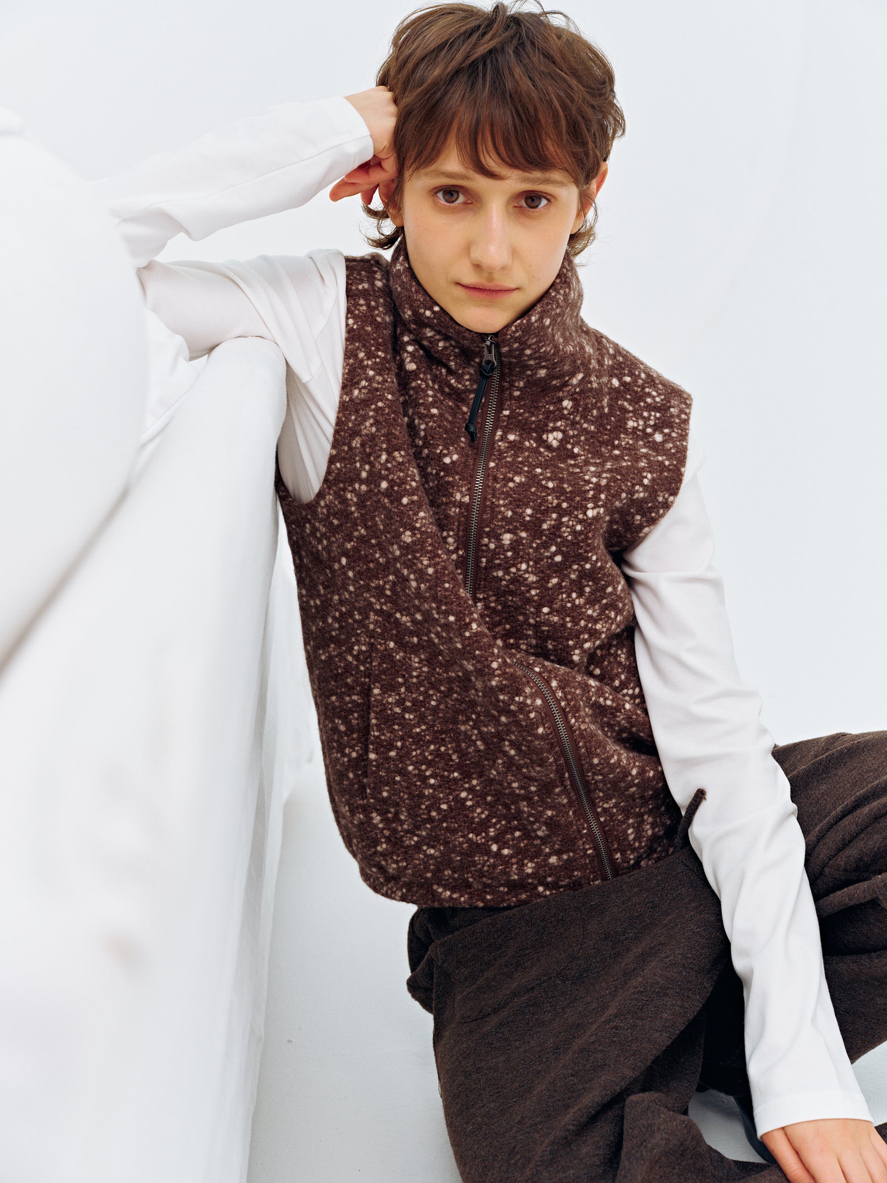 Wool Blend Snowflake Texture Stand Collar Tweed Vest brown