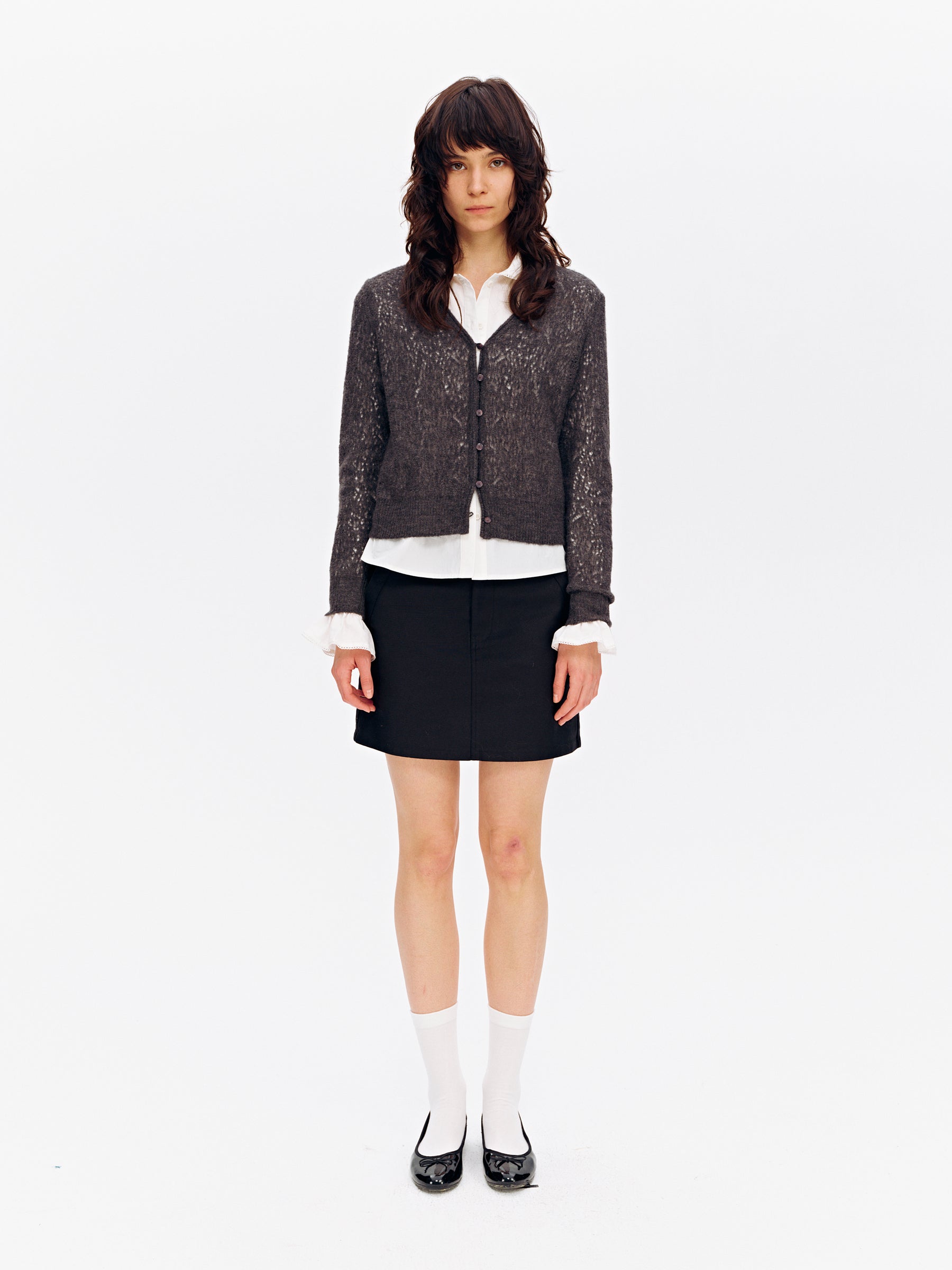 Cashmere-Wool Blend V-Neck Mesh Lightweight Cardigan Charcoal