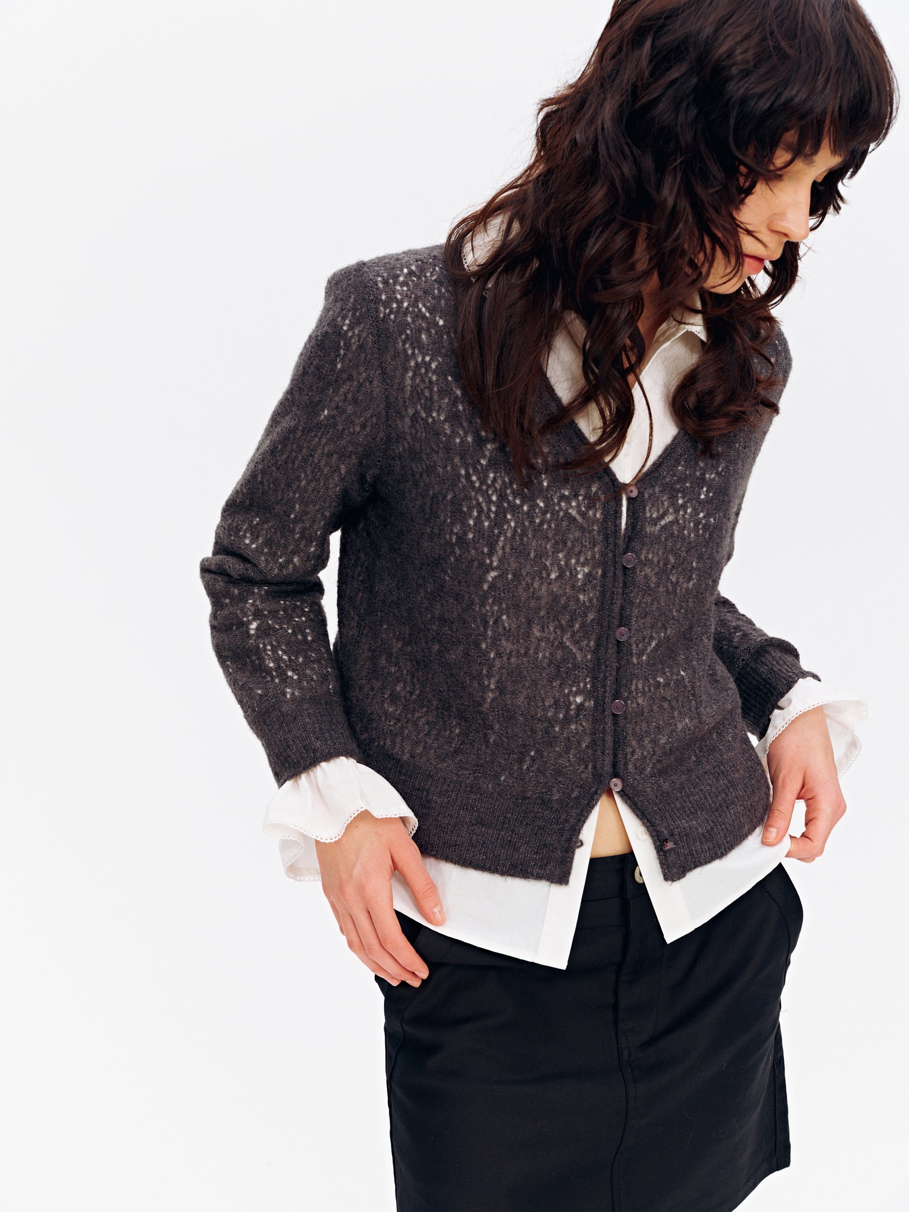 Cashmere-Wool Blend V-Neck Mesh Lightweight Cardigan Charcoal