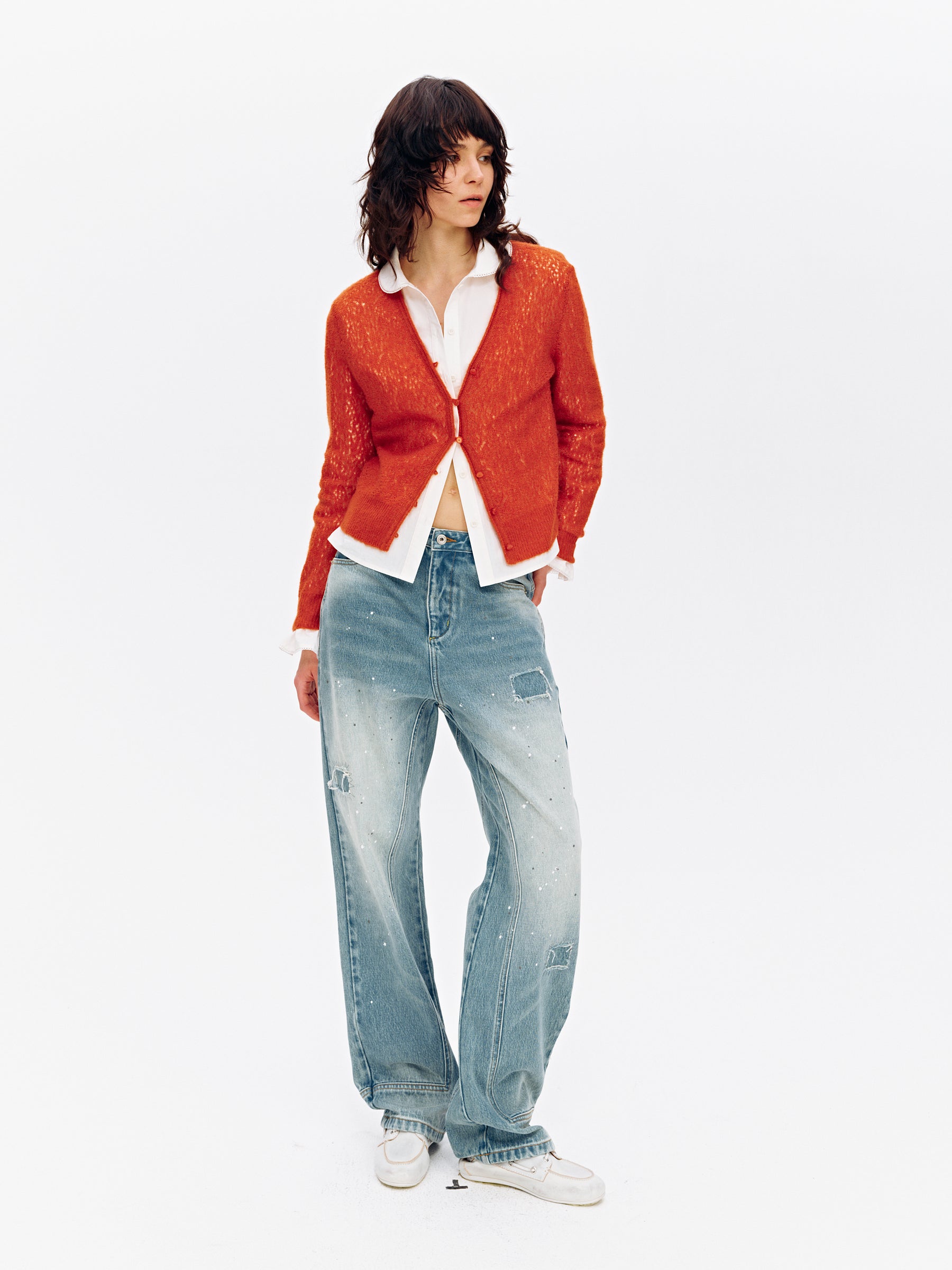 Low-Rise Splatter Paint Patch Washed Straight-Leg Jeans Washed Blue