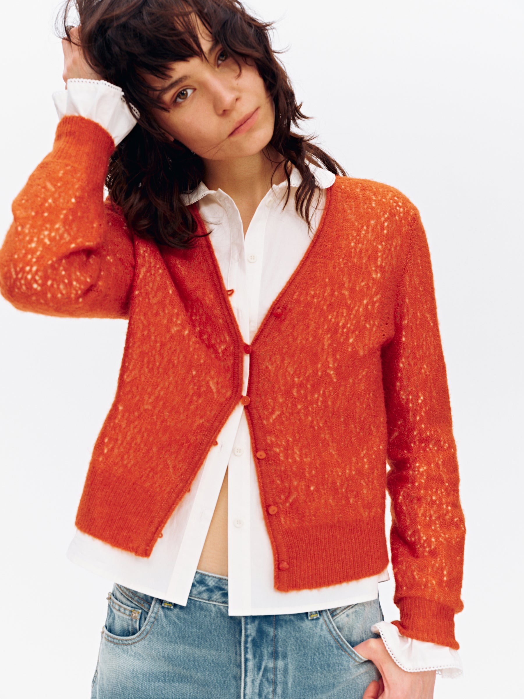 Cashmere-Wool Blend V-Neck Mesh Lightweight Cardigan Orange