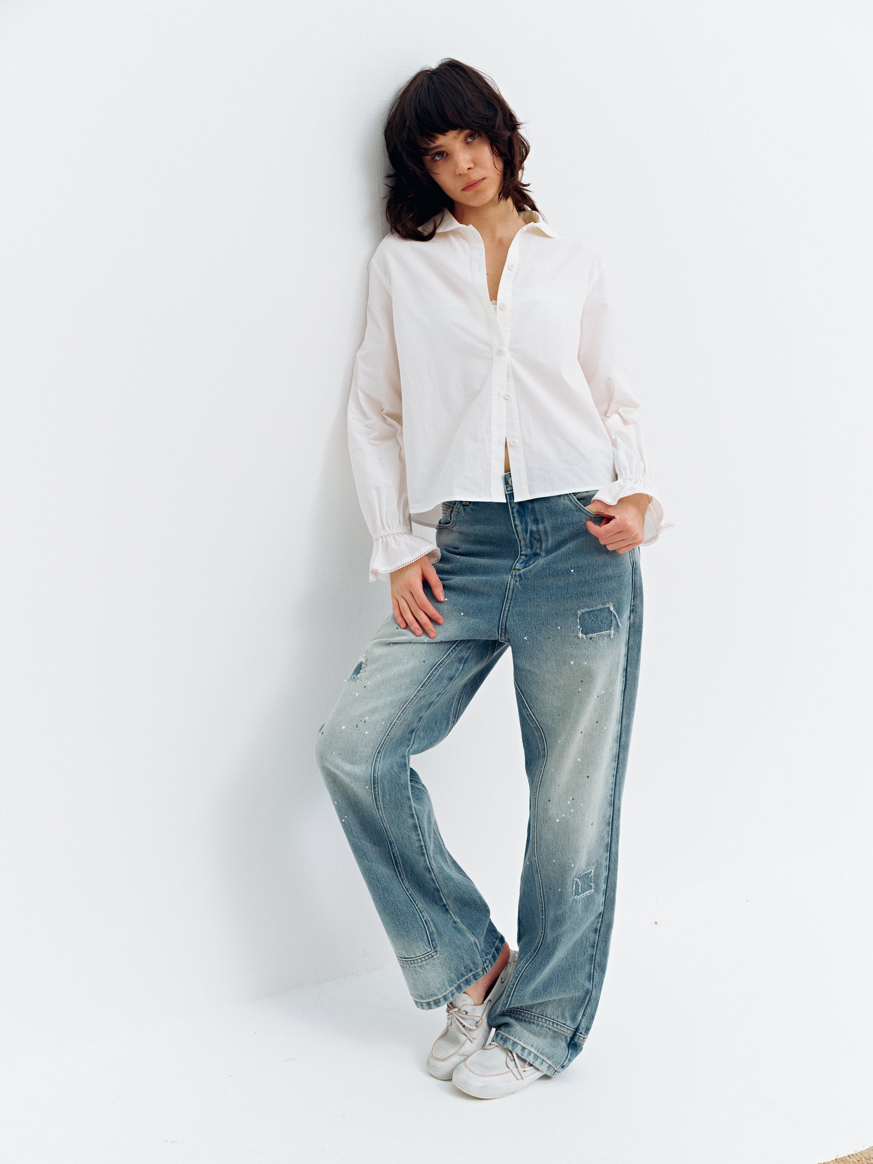 Low-Rise Splatter Paint Patch Washed Straight-Leg Jeans Washed Blue