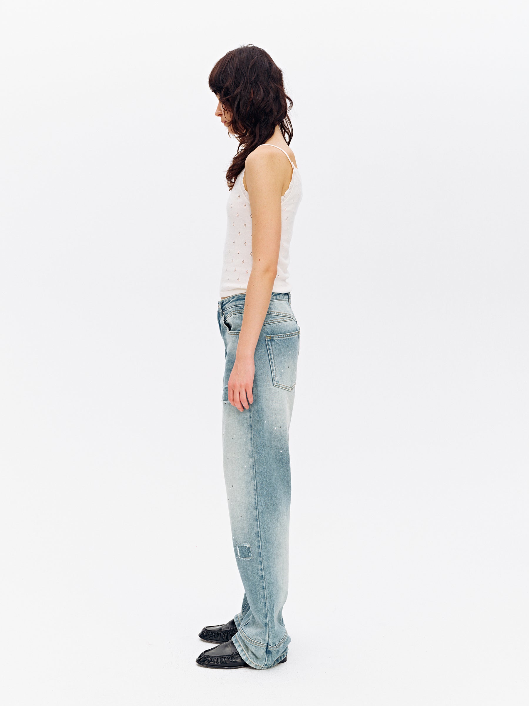 Low-Rise Splatter Paint Patch Washed Straight-Leg Jeans Washed Blue