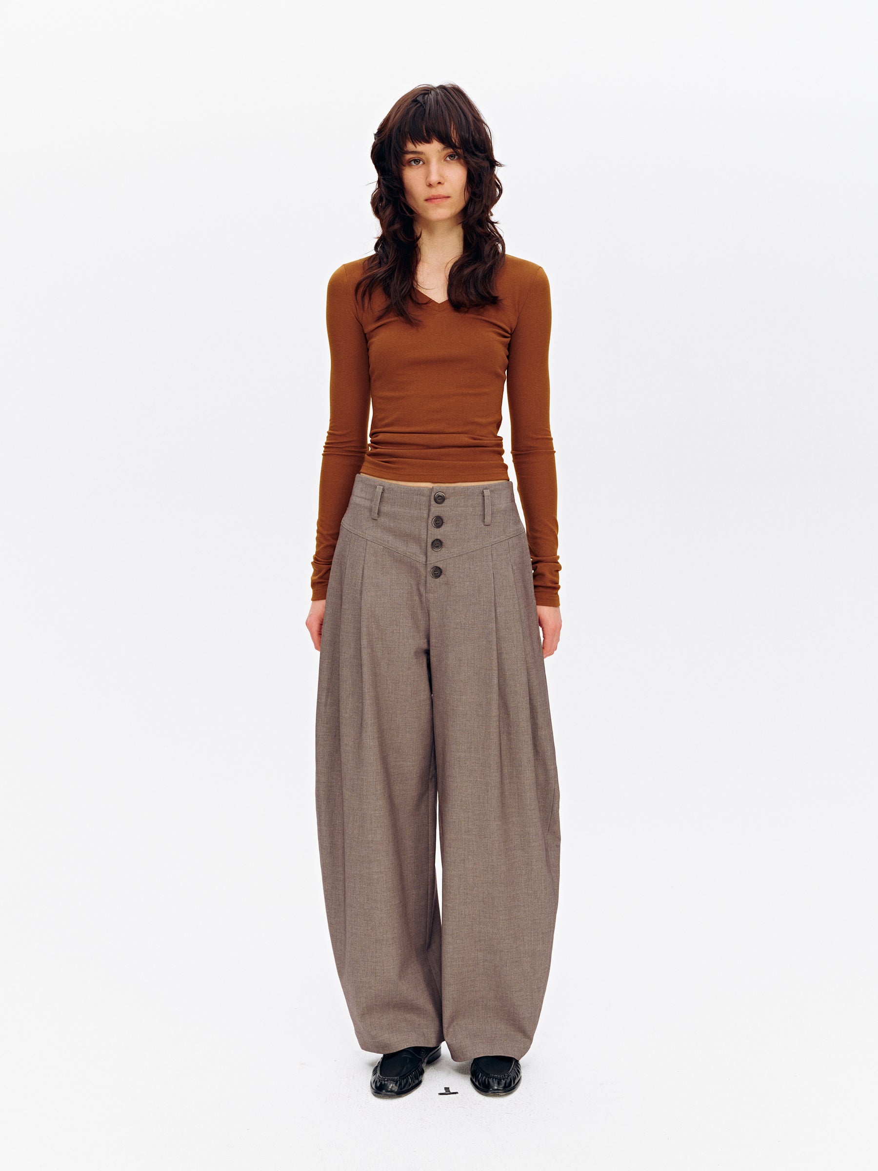 Mid-Rise Multi-Button Curved Hem Dress Pants Brown