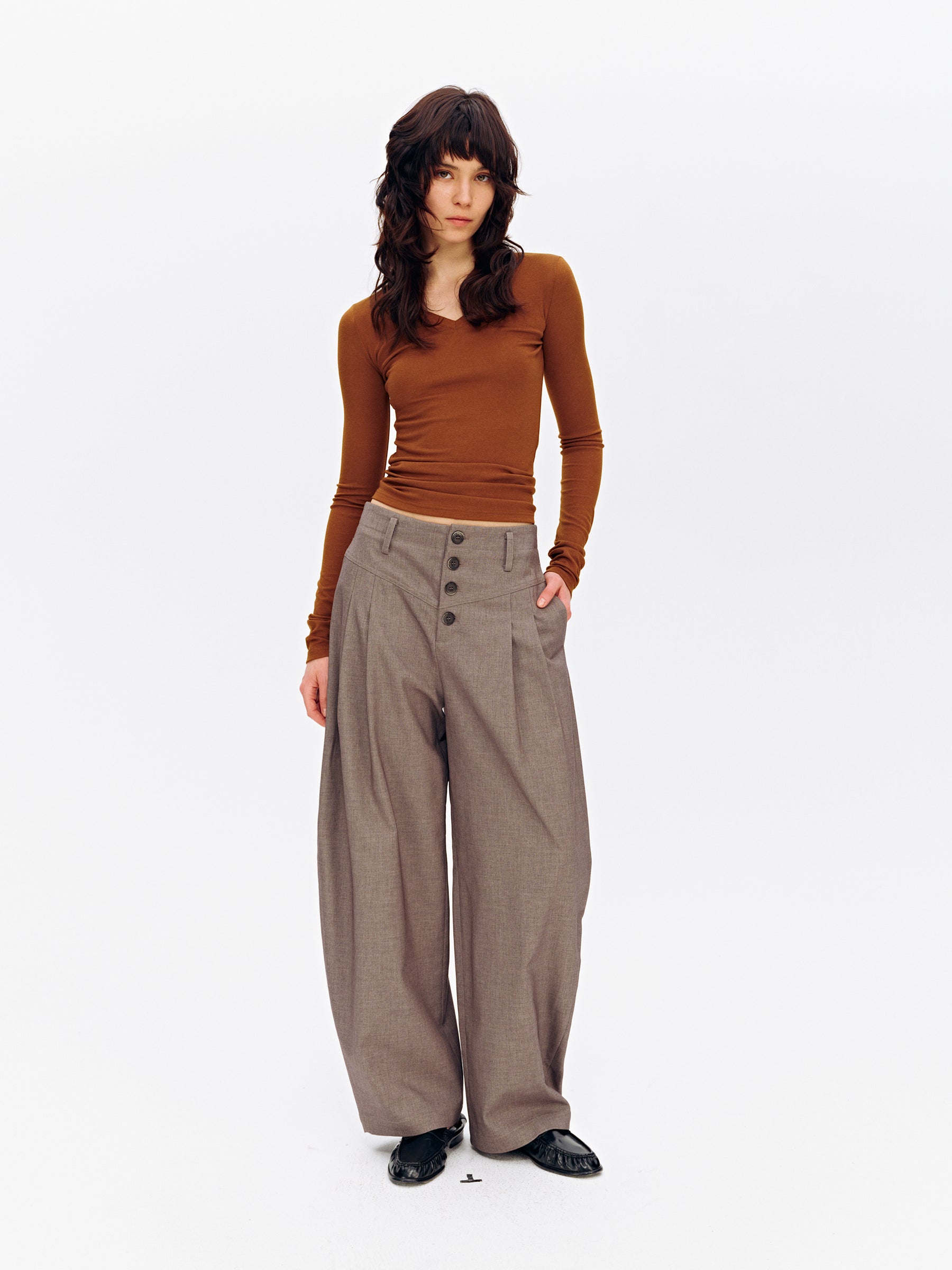 Mid-Rise Multi-Button Curved Hem Dress Pants Brown