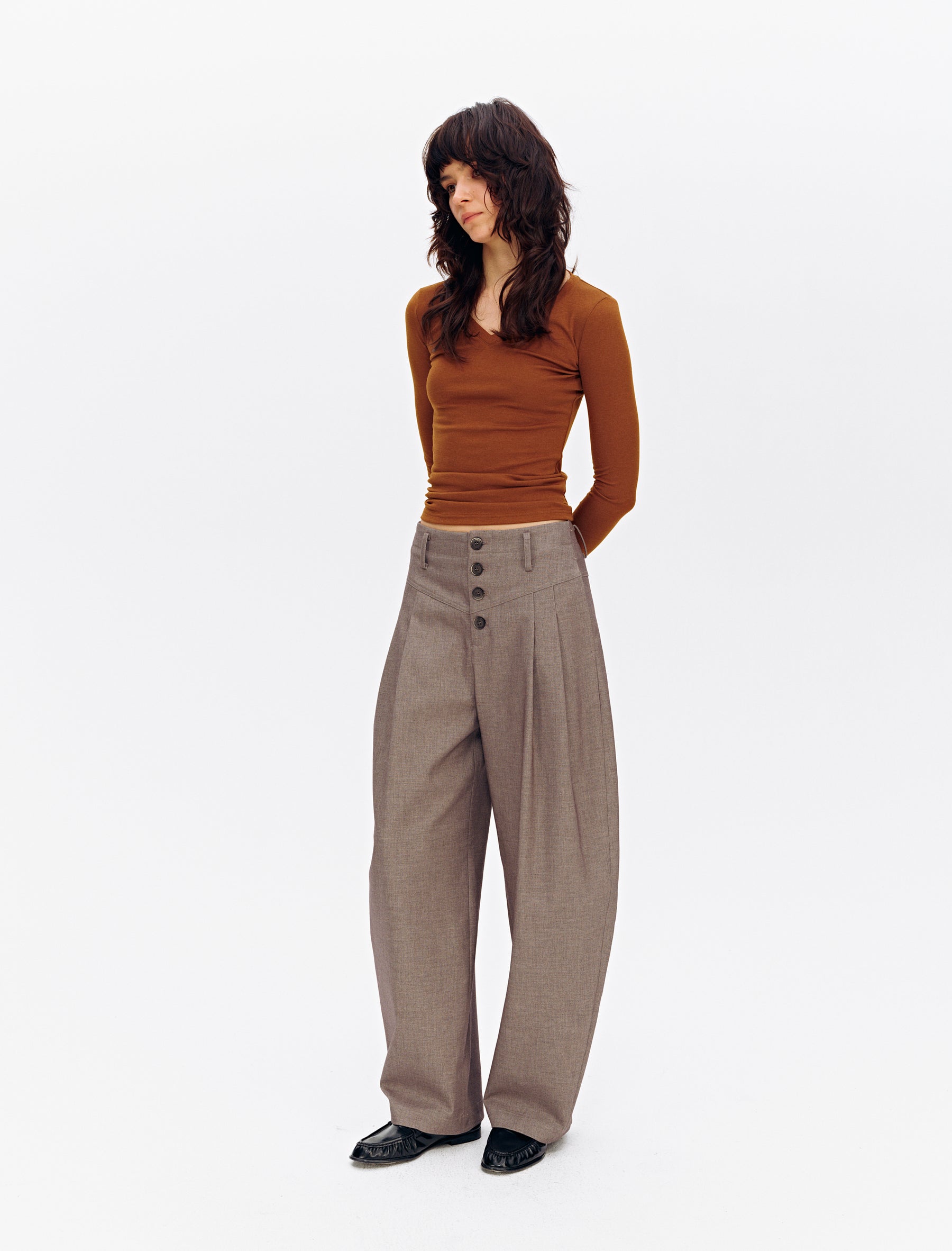 Mid-Rise Multi-Button Curved Hem Dress Pants Brown