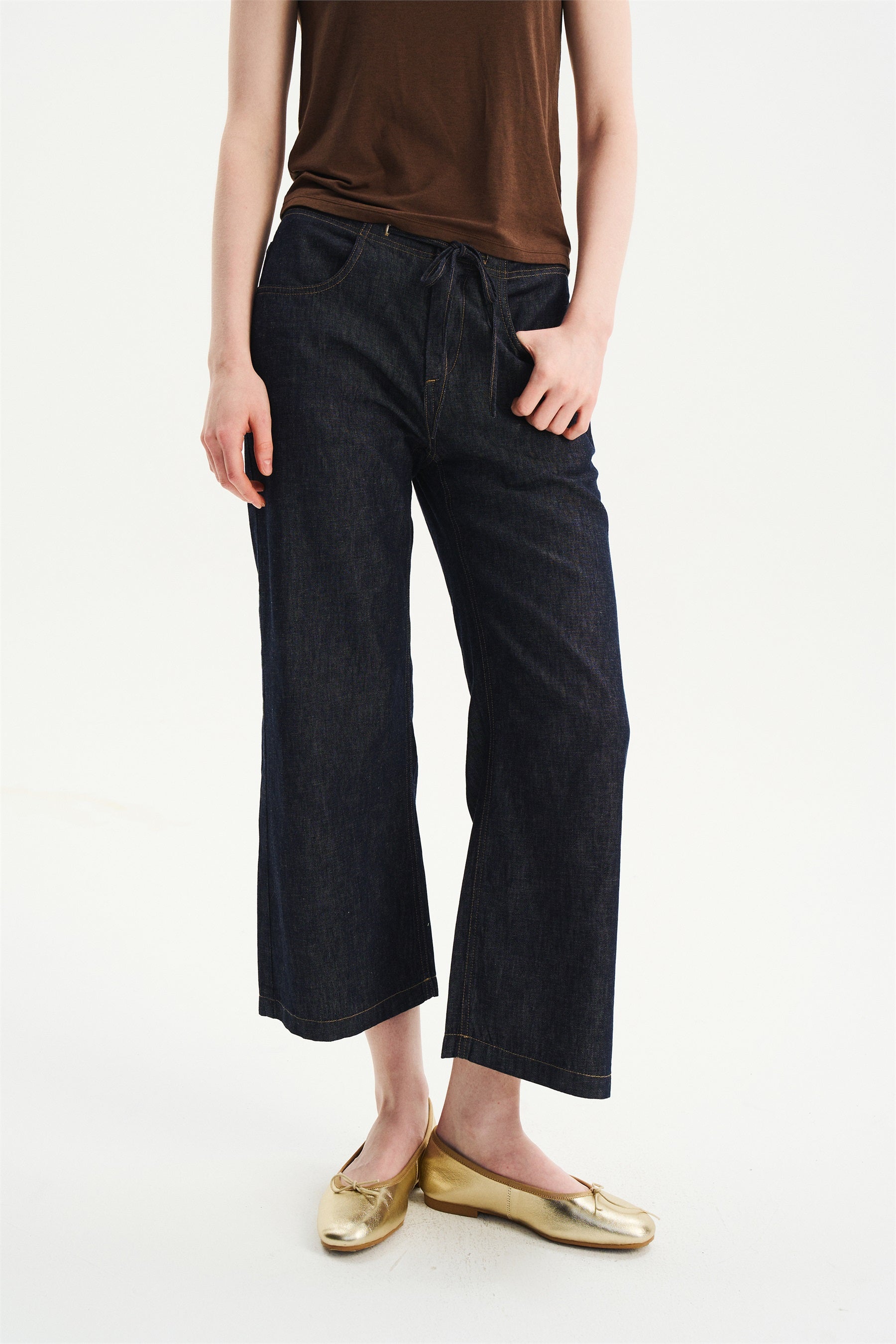 Lightweight Drawstring Straight-Flare Cropped Jeans Raw Denim