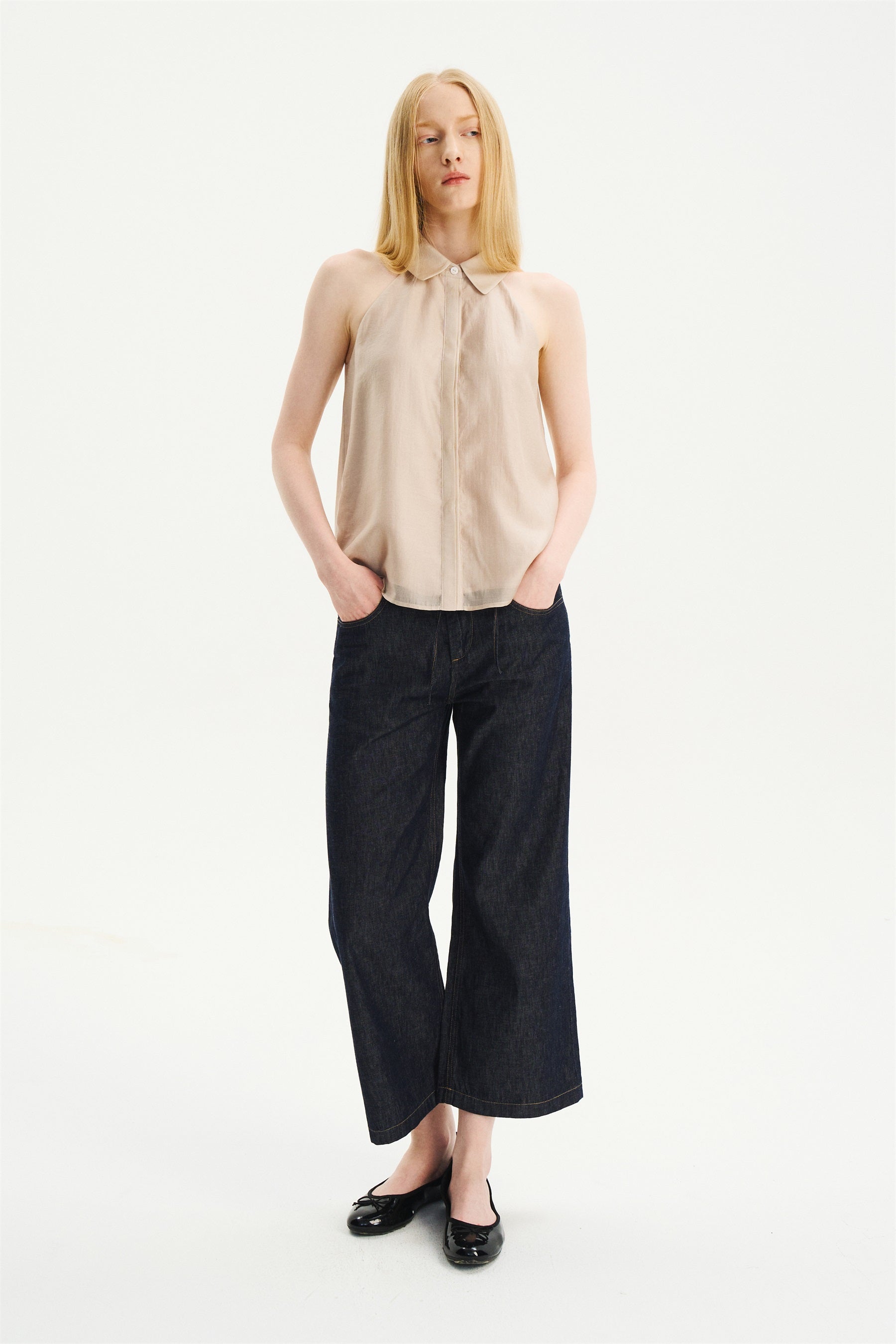 Lightweight Drawstring Straight-Flare Cropped Jeans Raw Denim