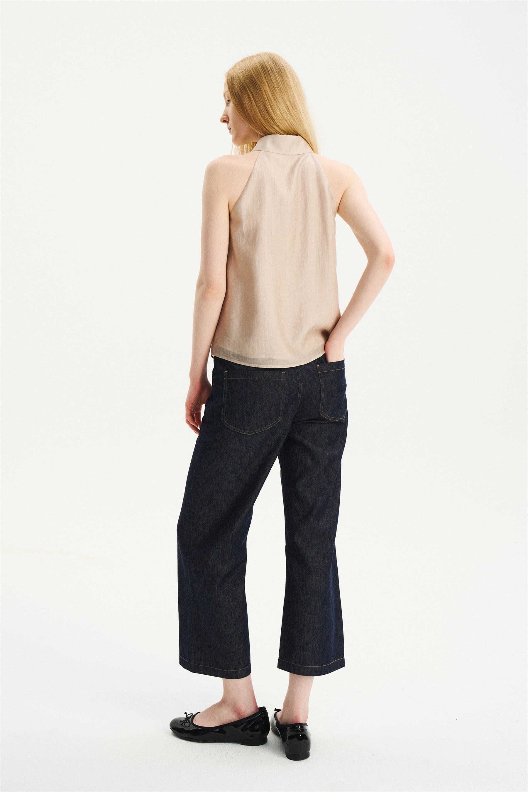 Lightweight Drawstring Straight-Flare Cropped Jeans Raw Denim
