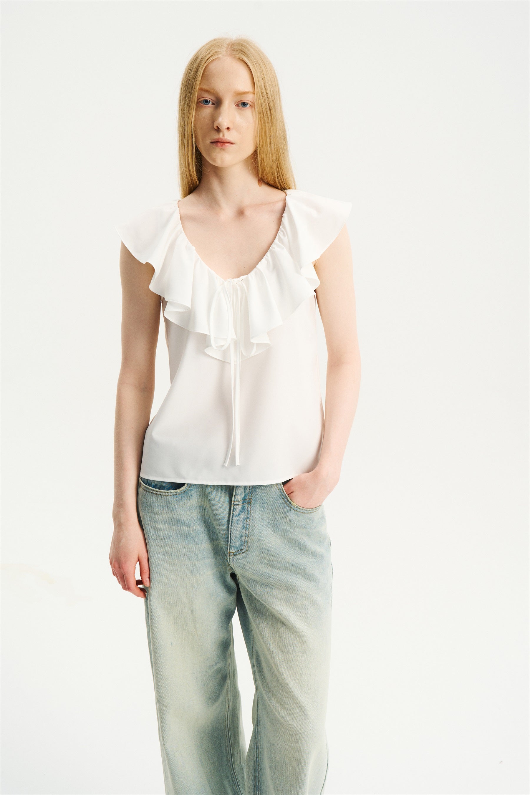 V-Neck Ruffle Sleeveless Top White