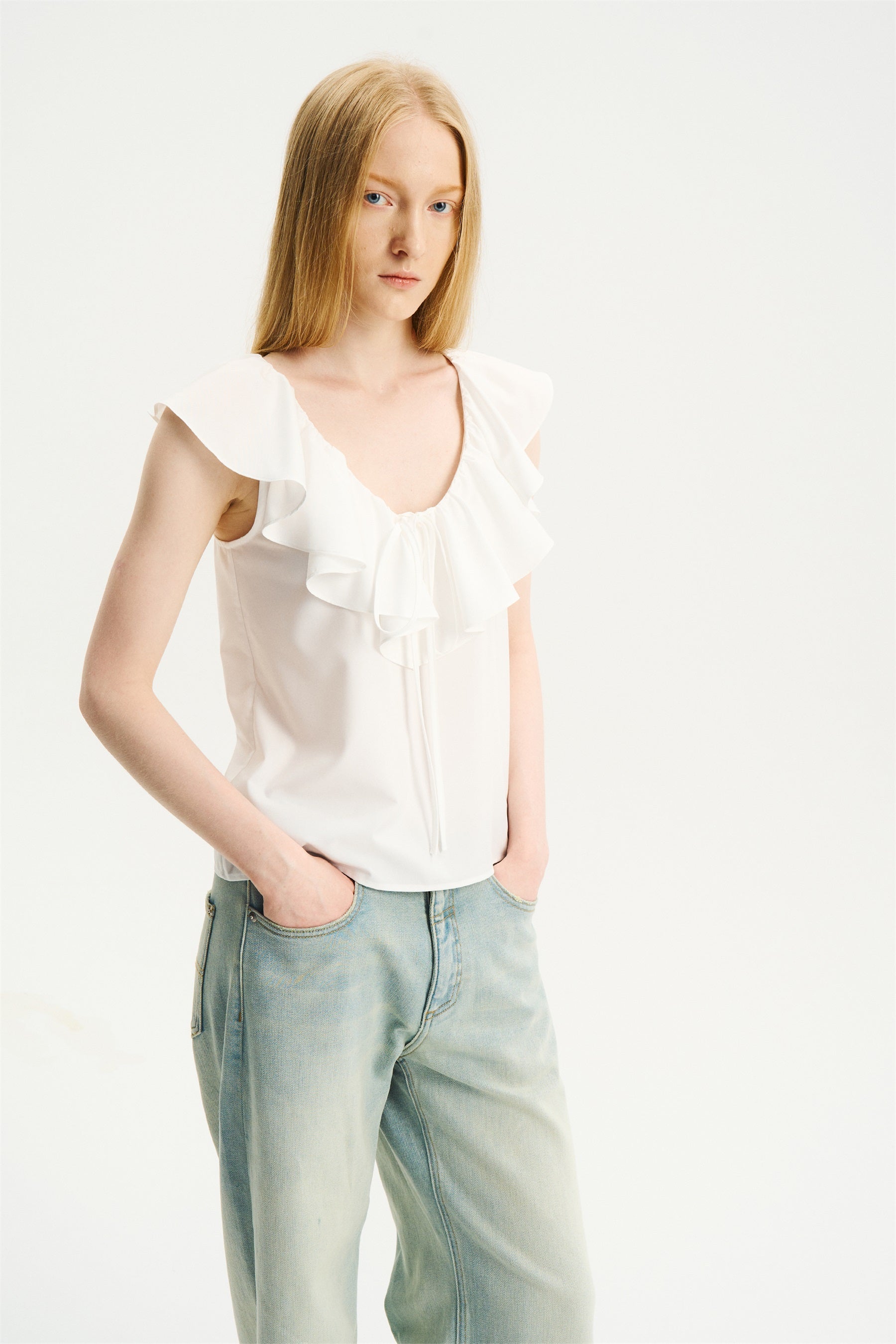 V-Neck Ruffle Sleeveless Top White
