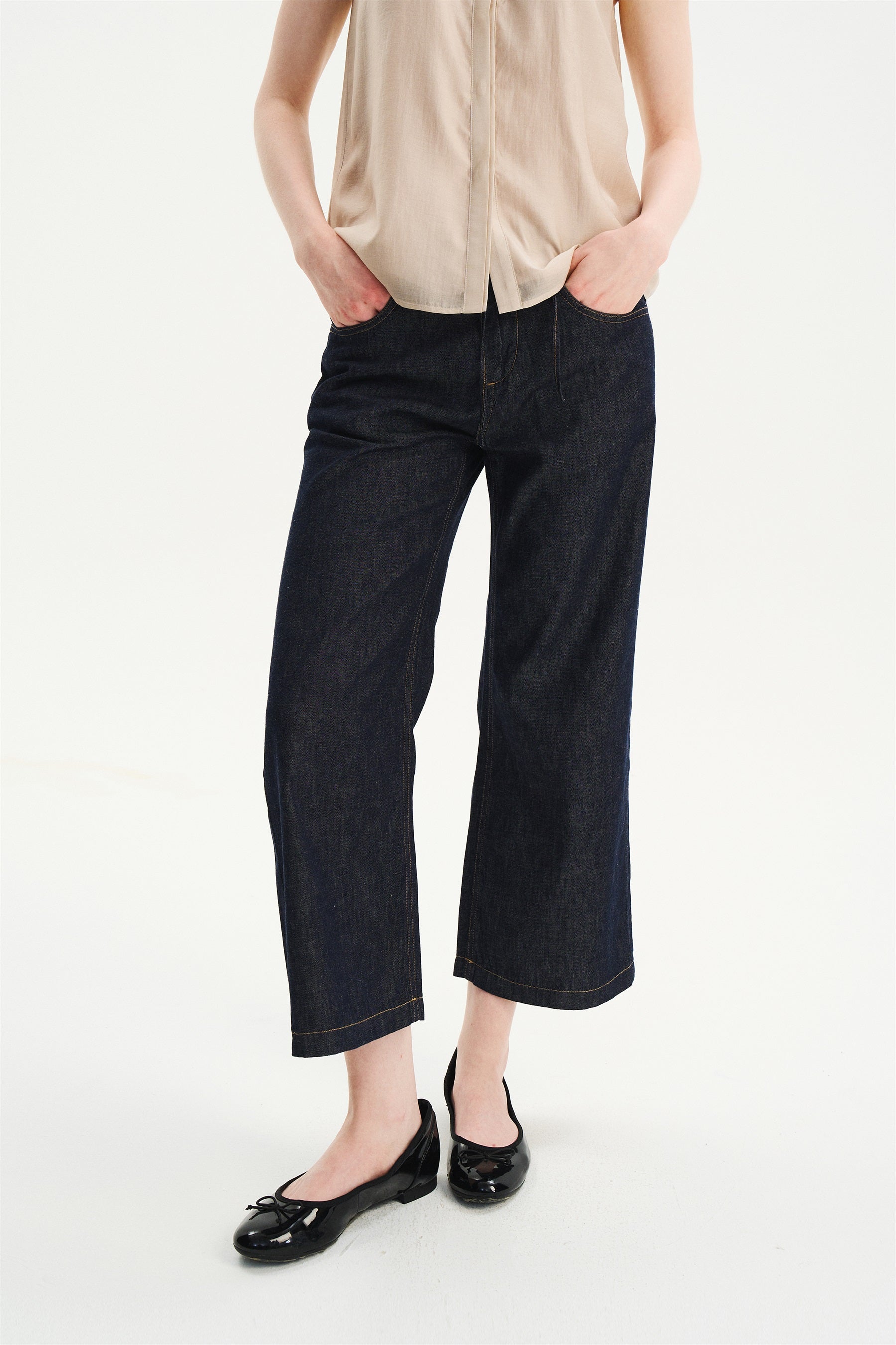 Lightweight Drawstring Straight-Flare Cropped Jeans Raw Denim