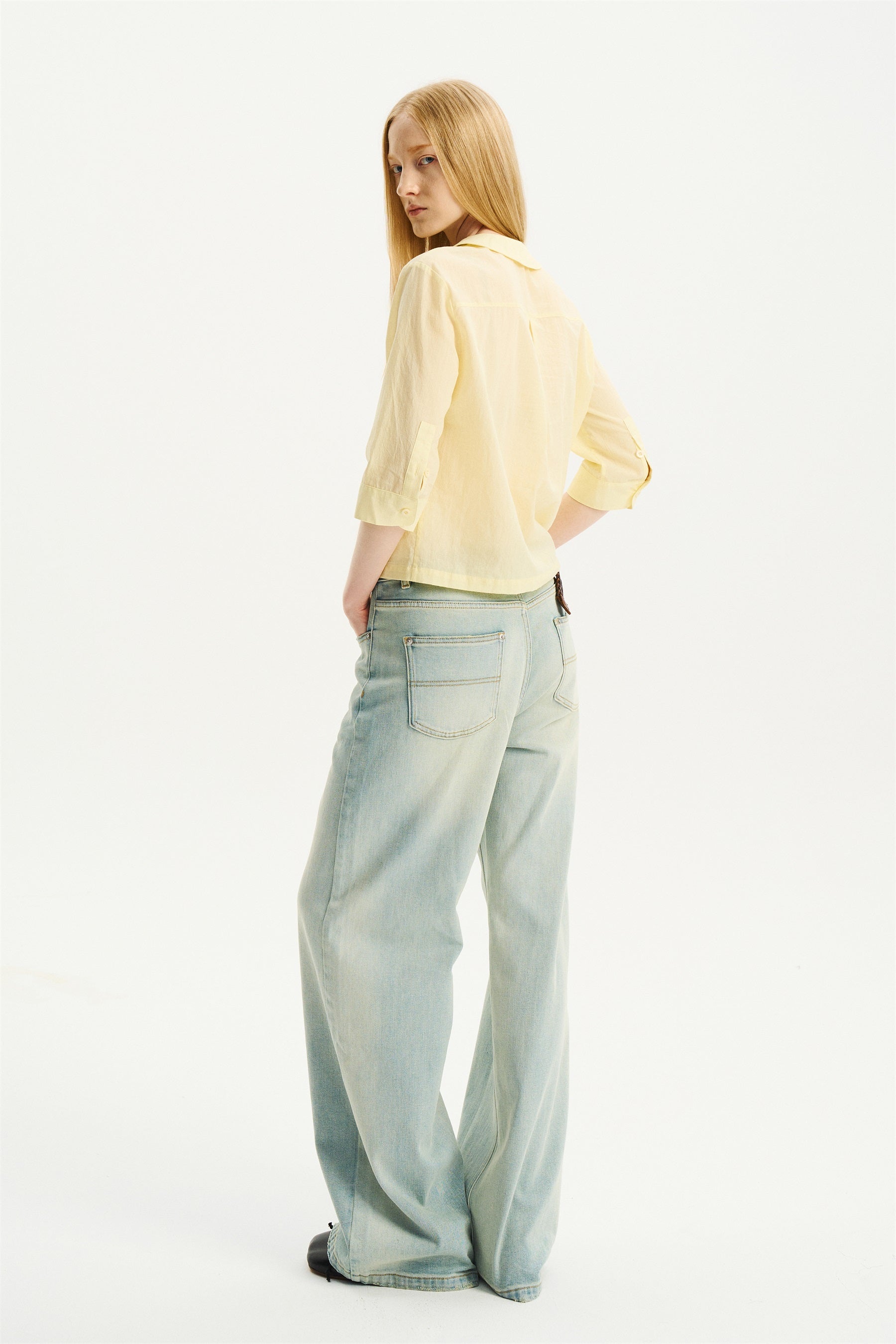 Peter Pan Collar Elbow-Sleeve Shirt Light Yellow