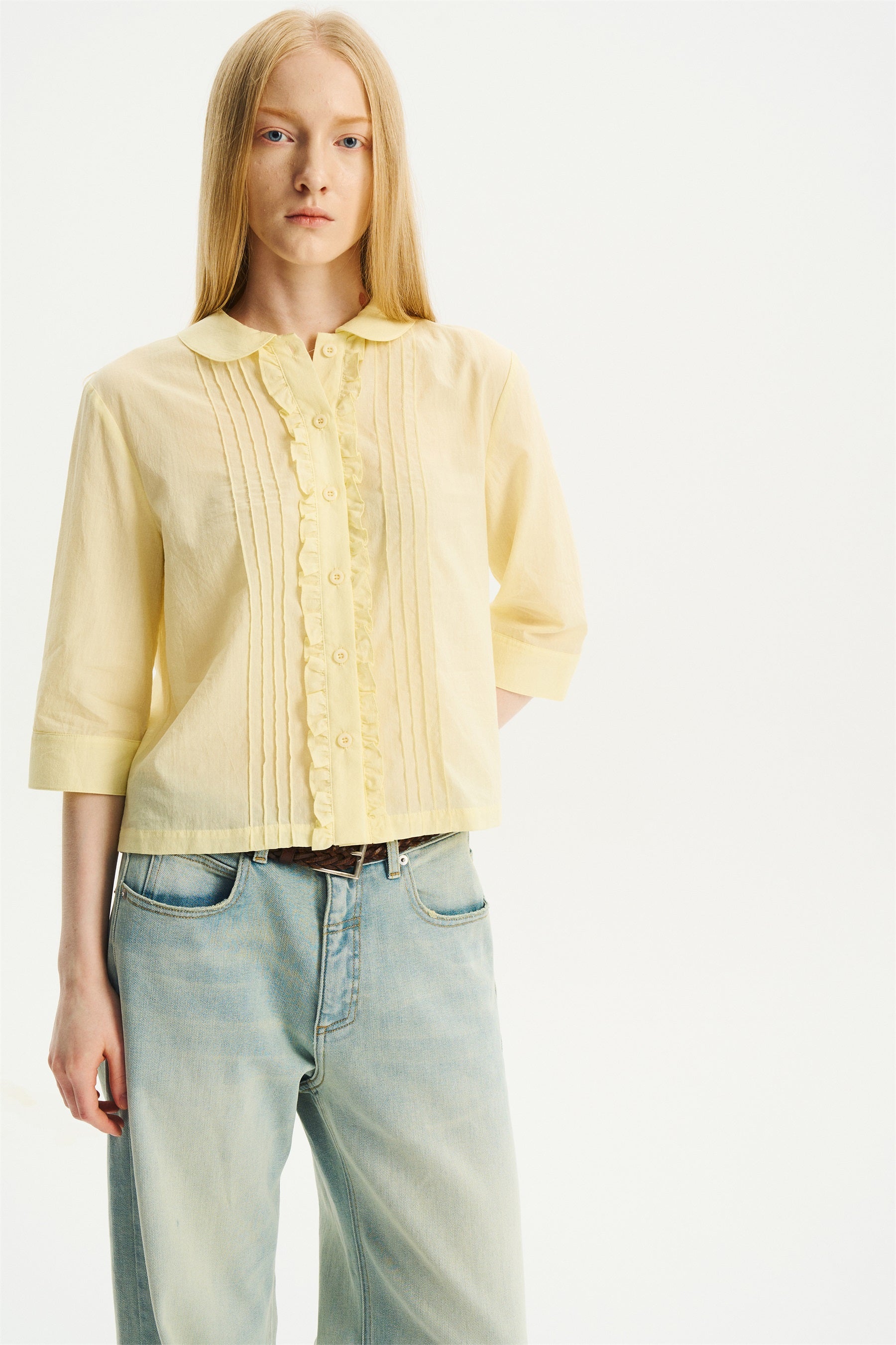 Peter Pan Collar Elbow-Sleeve Shirt Light Yellow